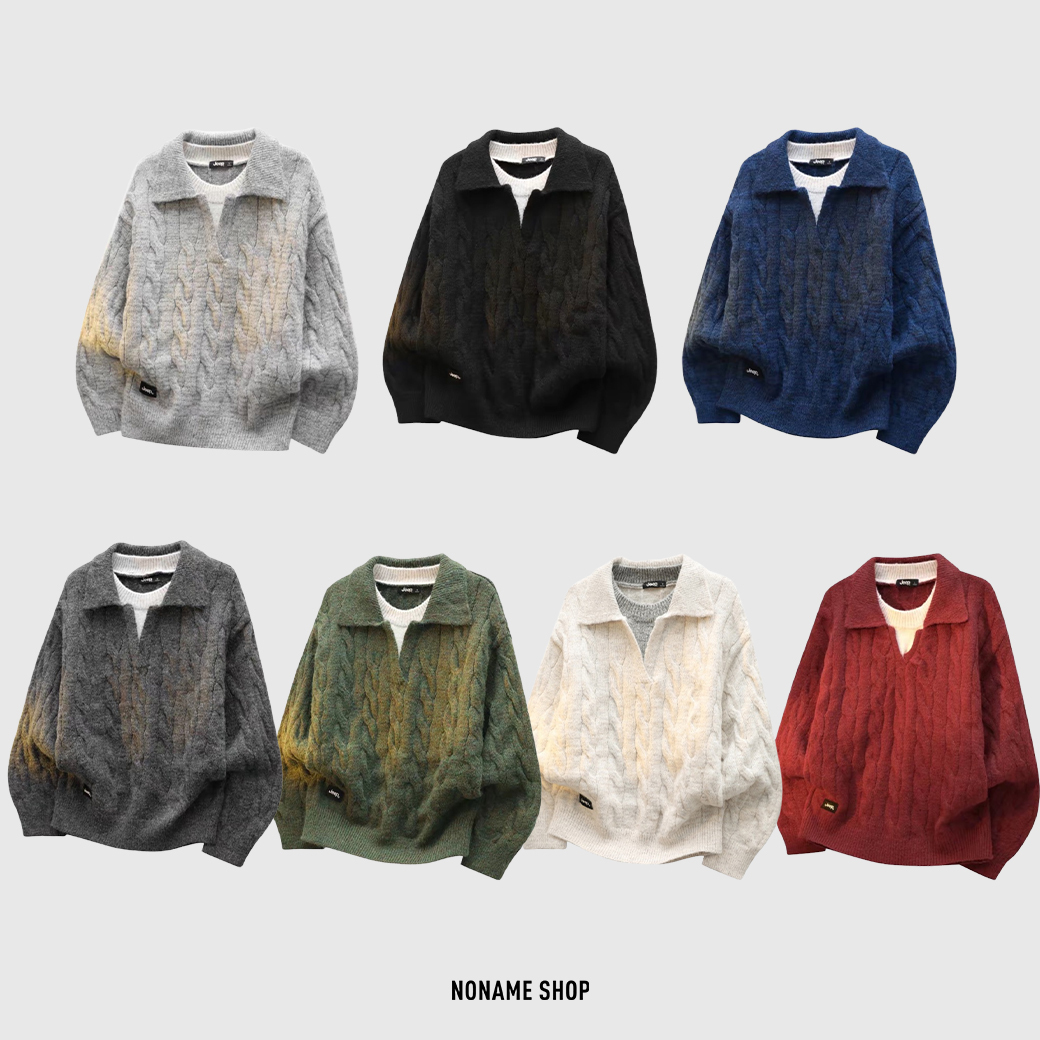 JEEP 羊毛 重磅 寬鬆 美式復古 鬆弛感 假兩件 翻領 毛衣 七色 (男款)