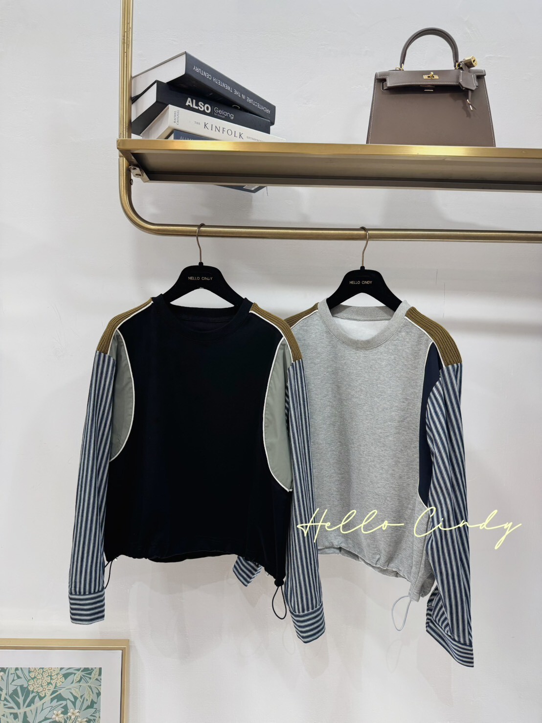 B11043 超顯瘦設計款異材質條紋袖下抽繩太空棉質上衣