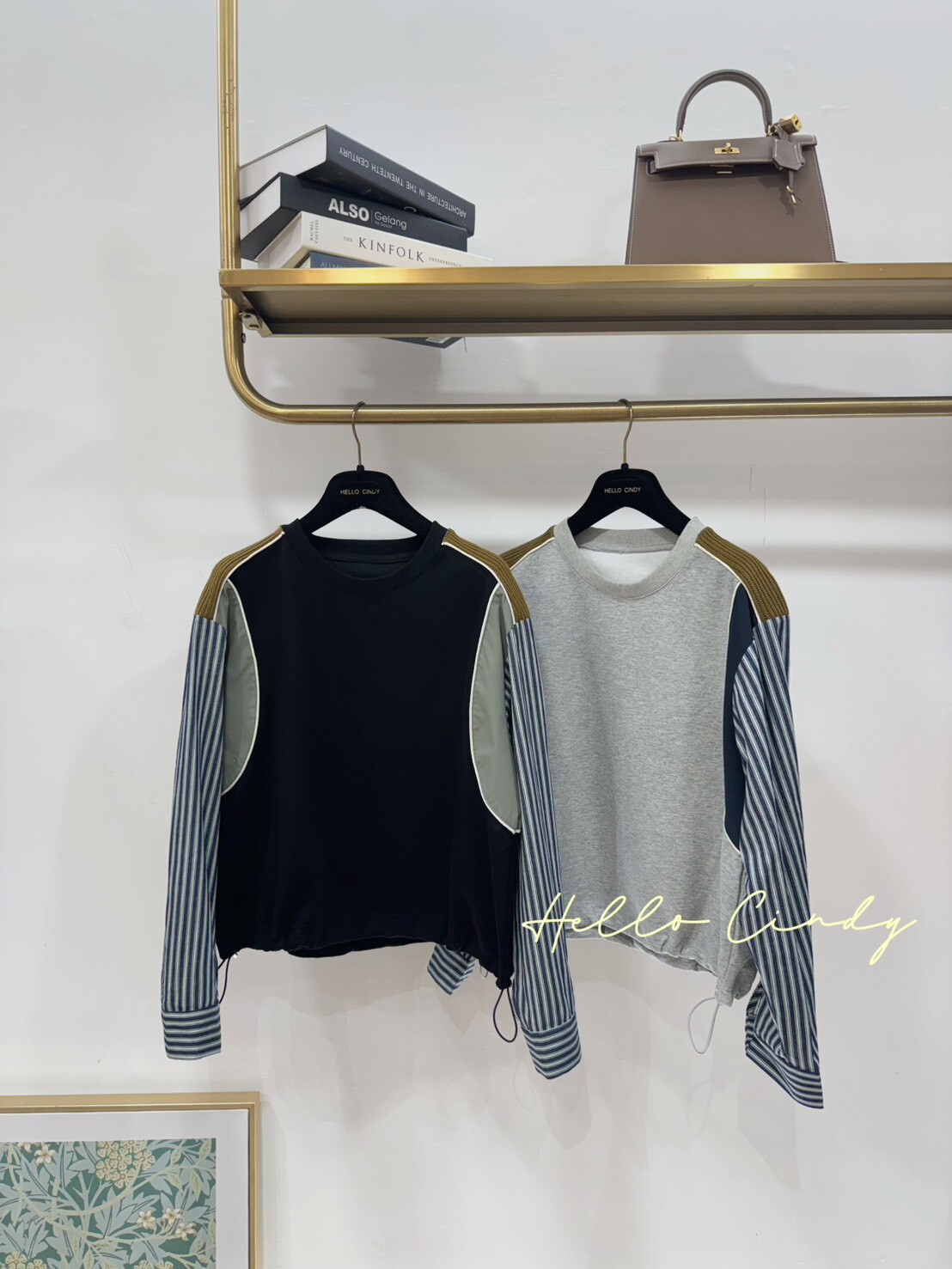 B11043 超顯瘦設計款異材質條紋袖下抽繩太空棉質上衣