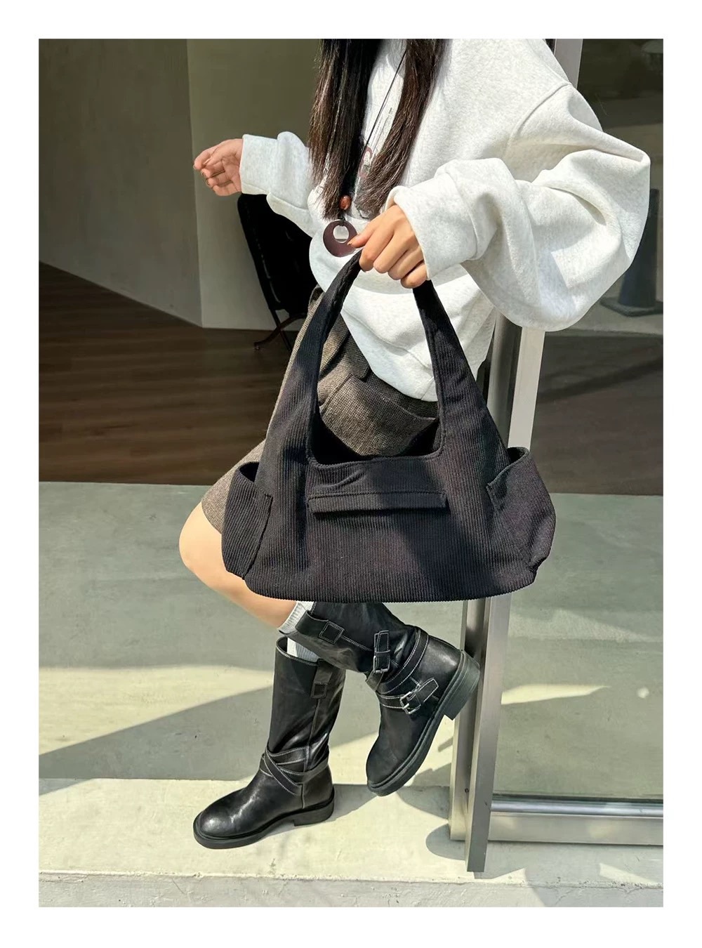 雙口袋燈芯絨腋下包