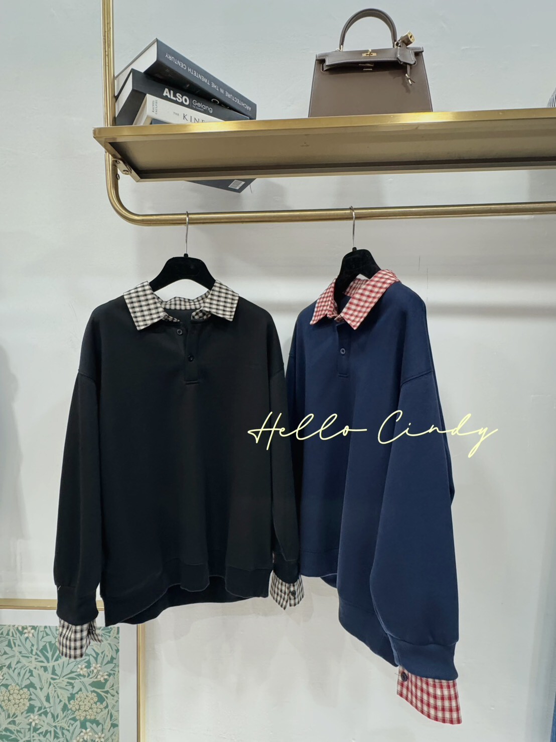 B11025 質感很好的設計款格紋假兩件式大學T