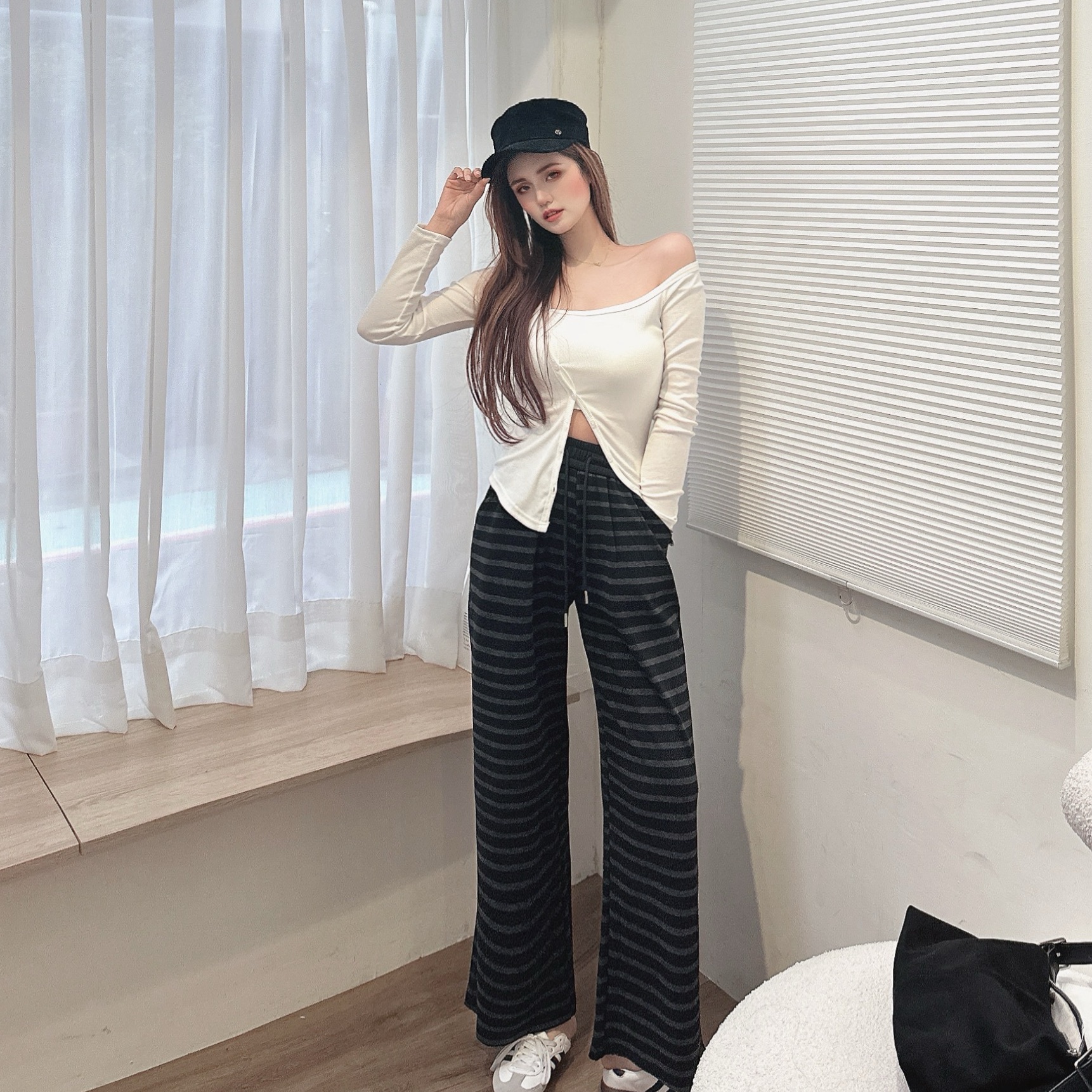 慵懶休閒條紋闊腿褲/二色