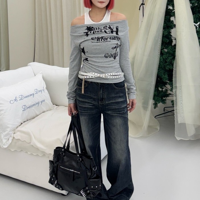 傾卸時光!露肩設計層次感假兩件上衣