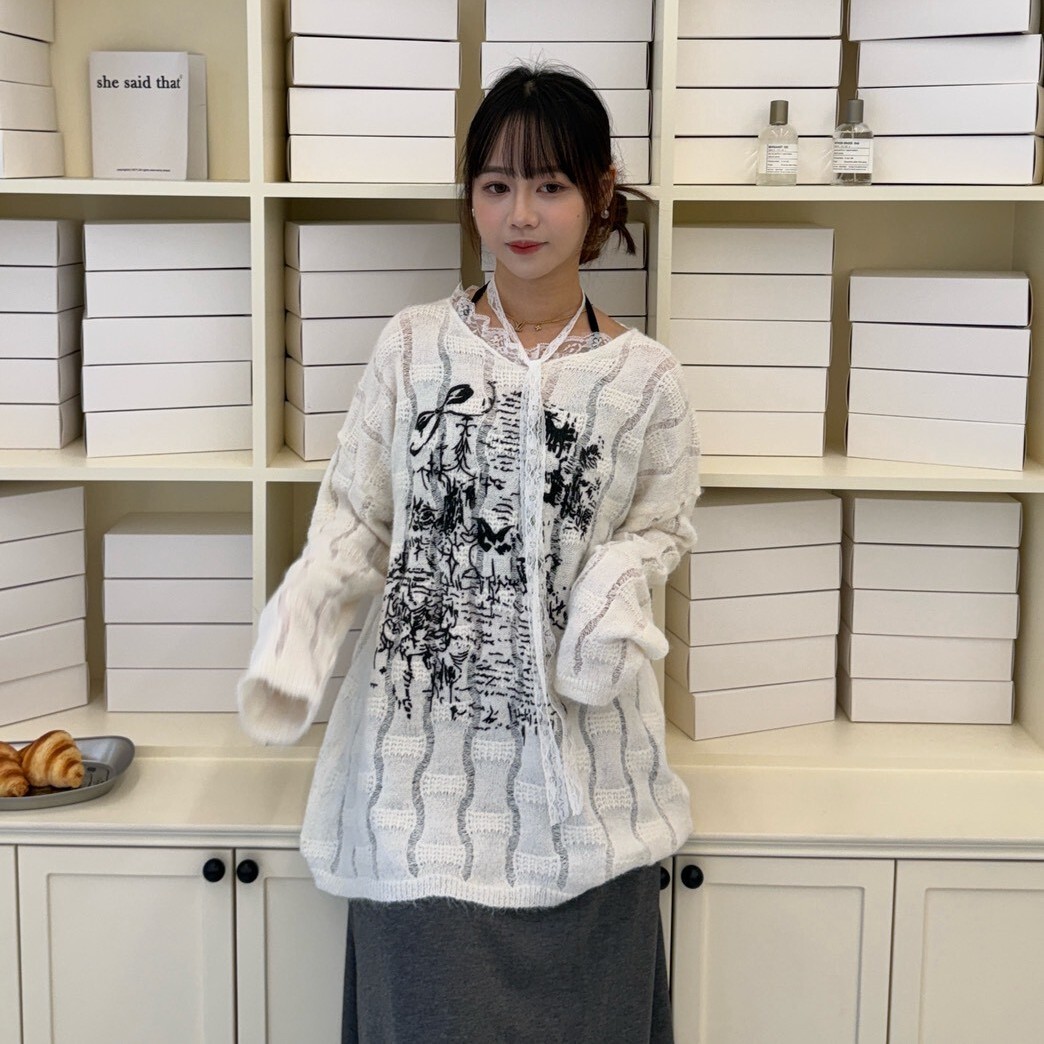 甜鹽耳語 蕾絲綁脖拼接V領薄毛衣