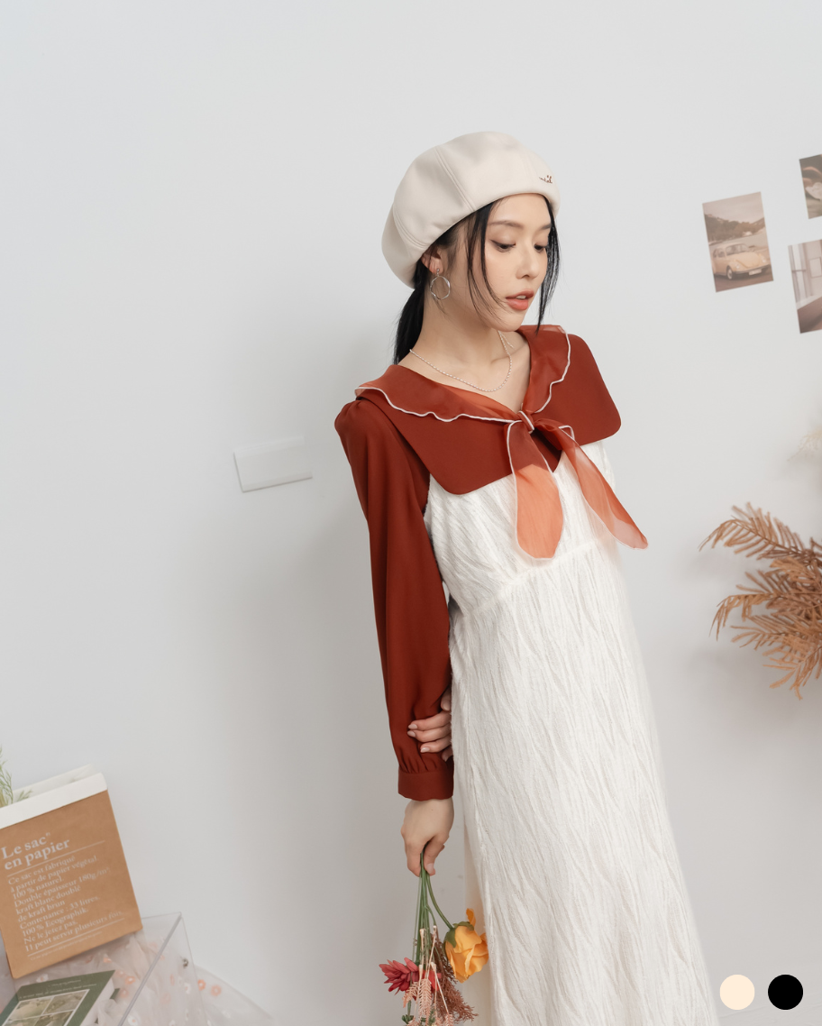 優雅葉脈織紋綁帶設計洋裝