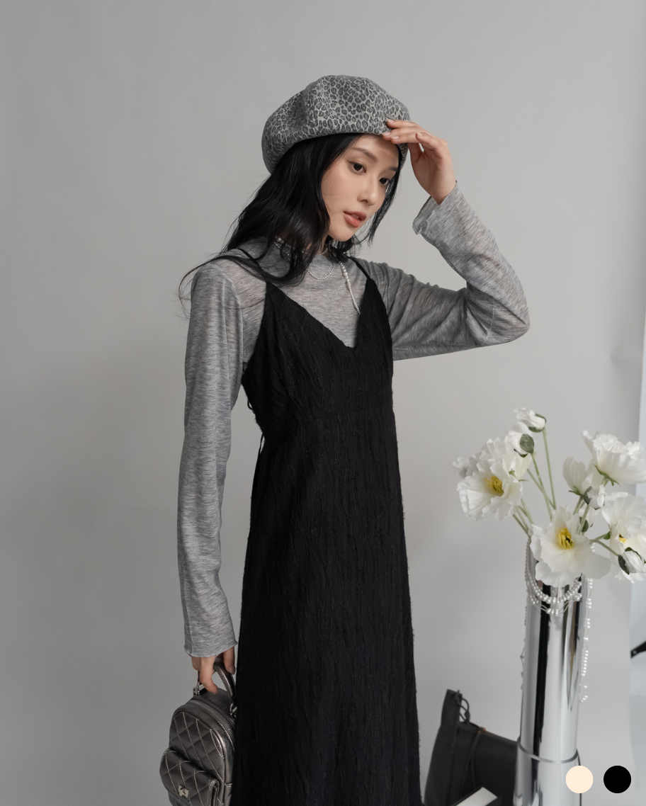 優雅葉脈織紋綁帶設計洋裝