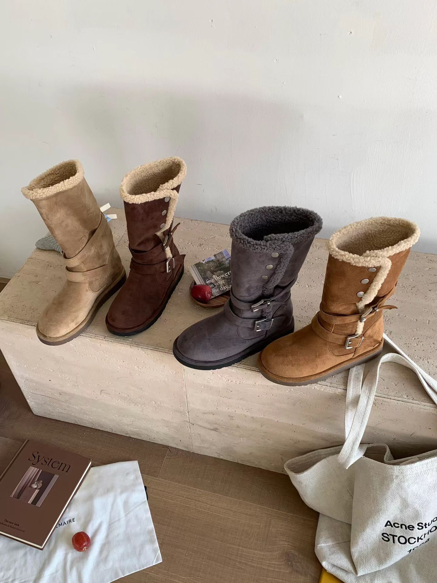 (卡其37)毛毛邊雙扣兩穿中筒雪靴