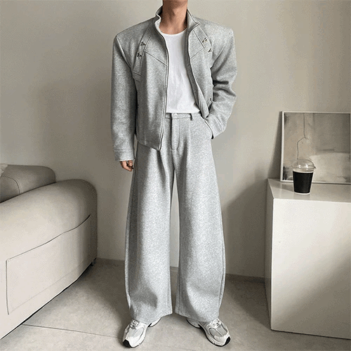 切割金屬休閒夾克 褶襉休閒彎刀褲