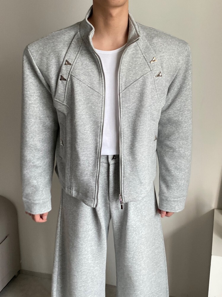 切割金屬休閒夾克 褶襉休閒彎刀褲