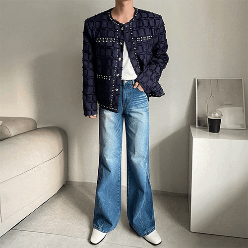 水鑽方格毛邊小香外套