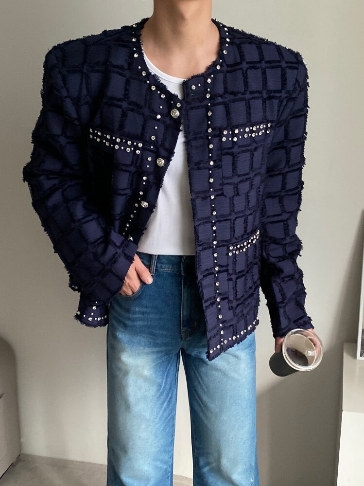 水鑽方格毛邊小香外套