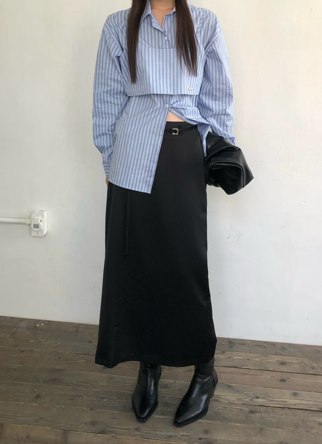 緞面細腰帶長裙