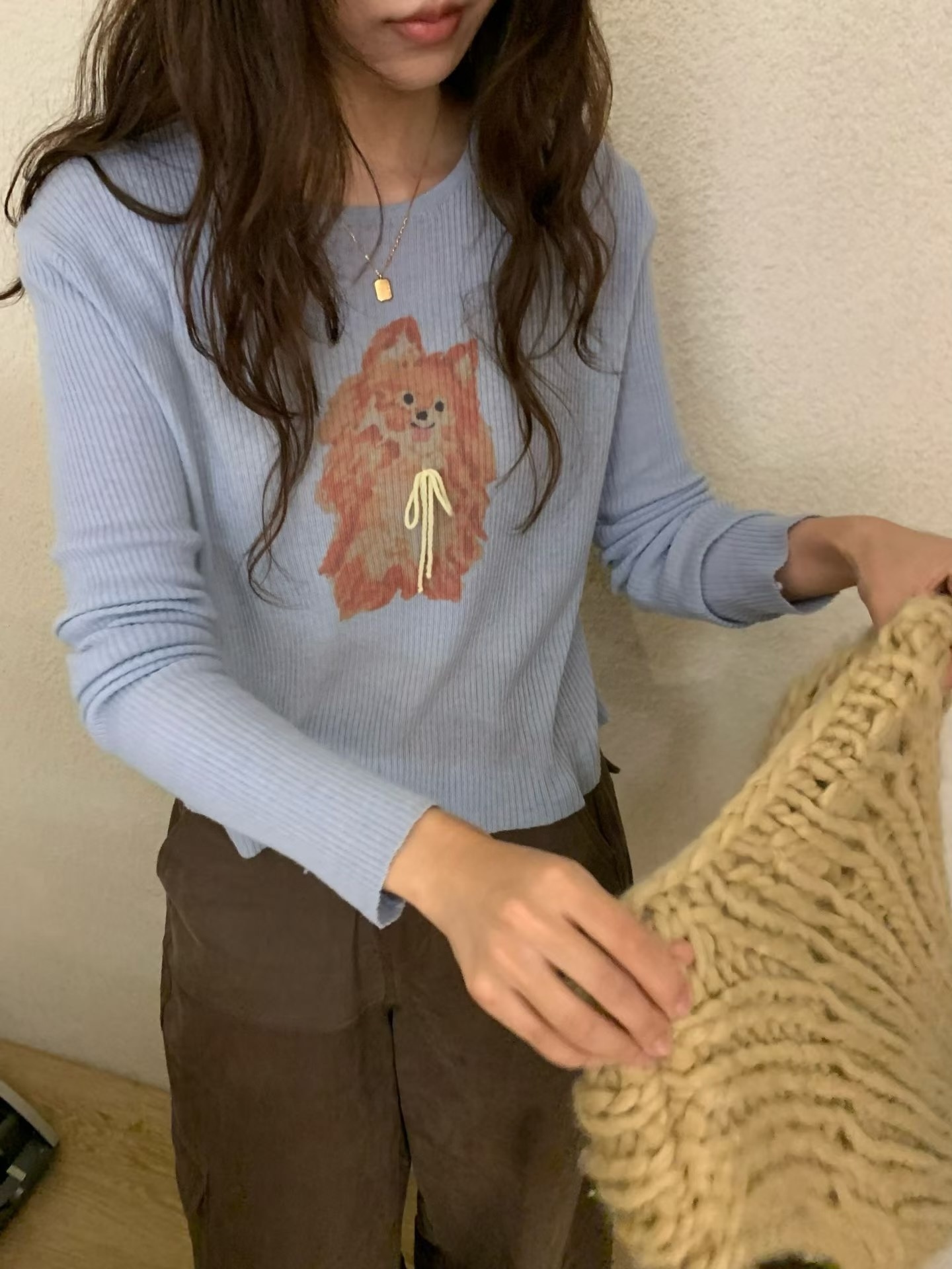 羊毛動物置中長袖上衣