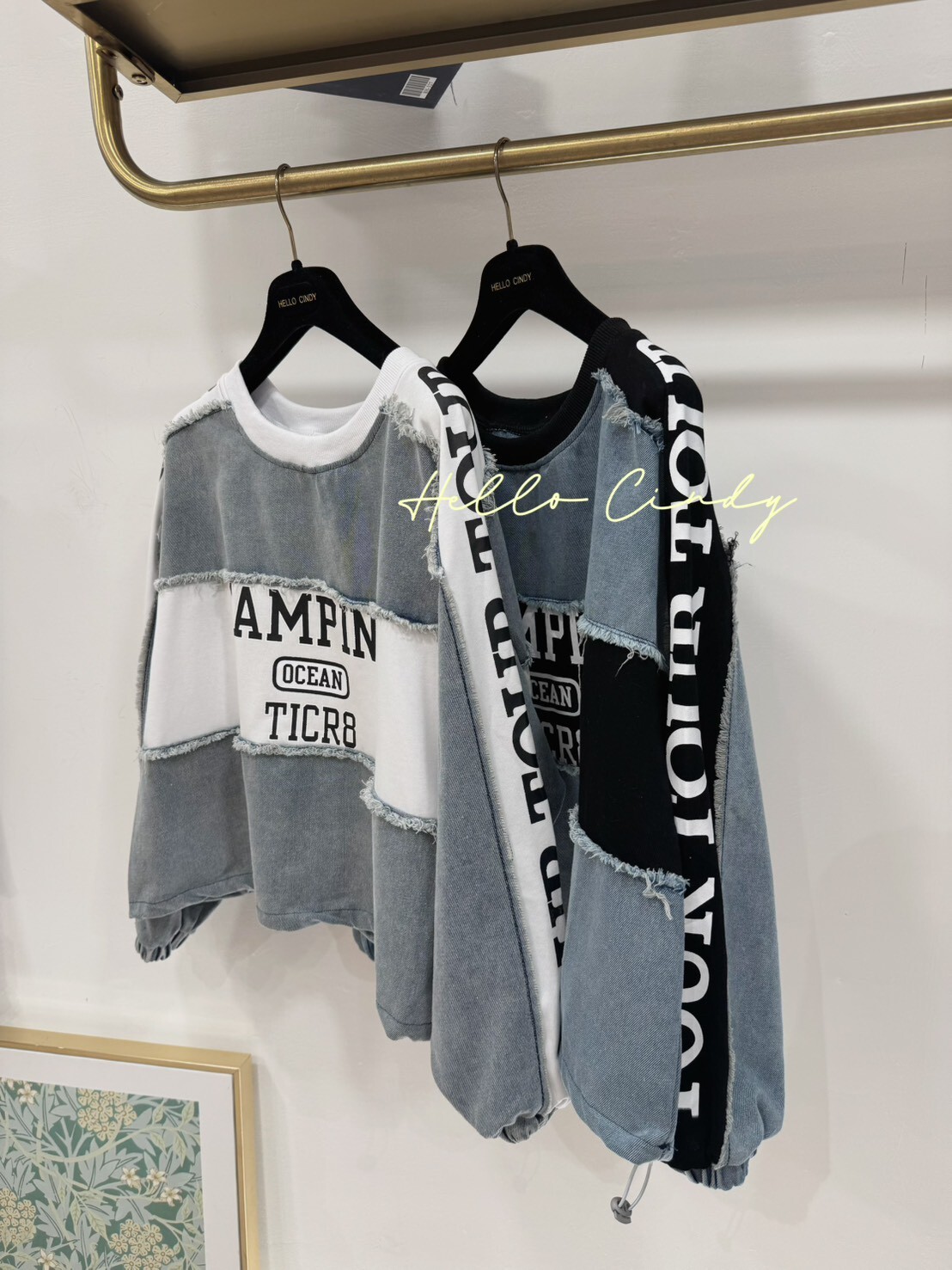 B11035 設計感滿滿的街頭感棉質拼接牛仔大學ㄒ