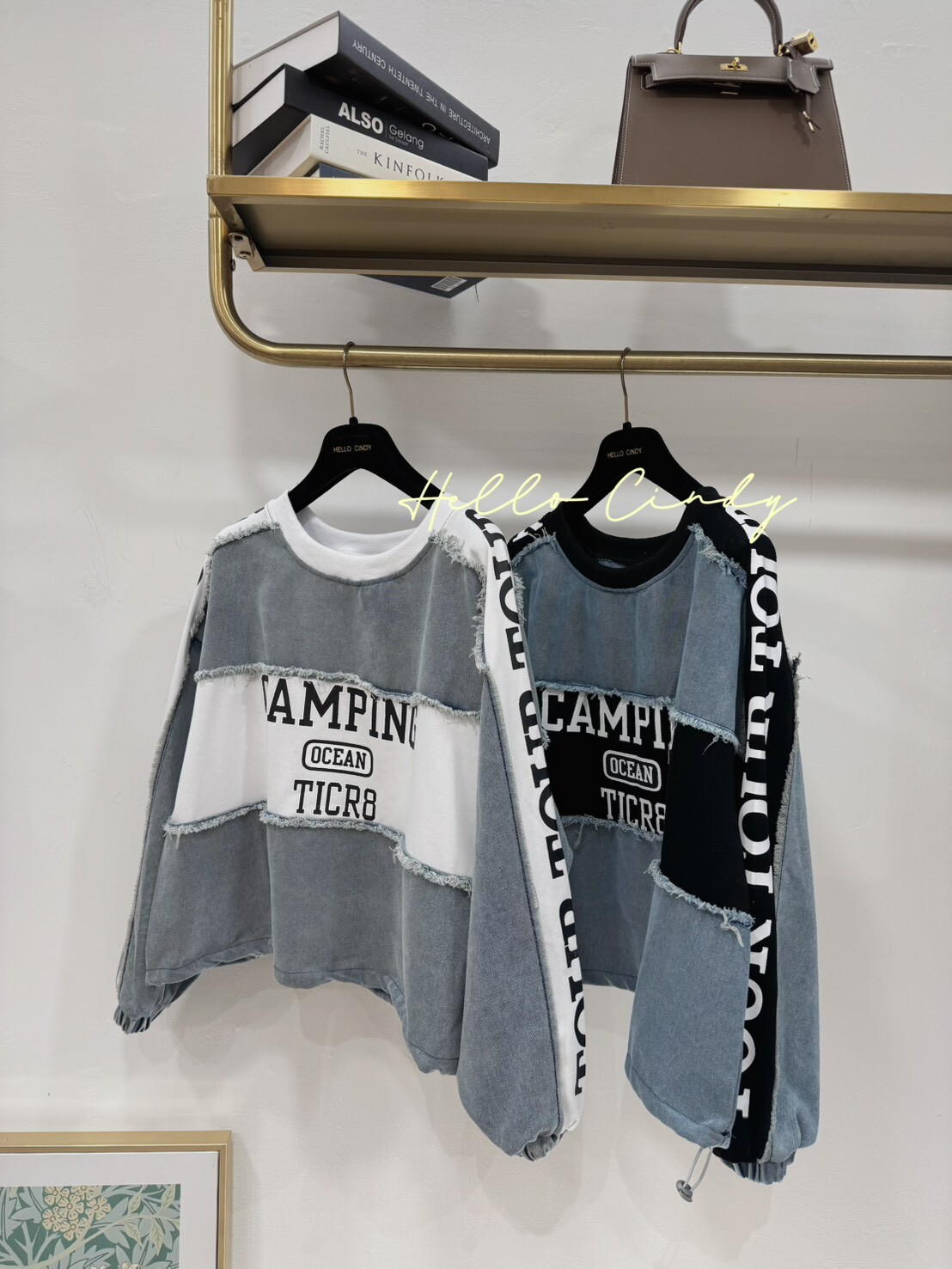 B11035 設計感滿滿的街頭感棉質拼接牛仔大學ㄒ