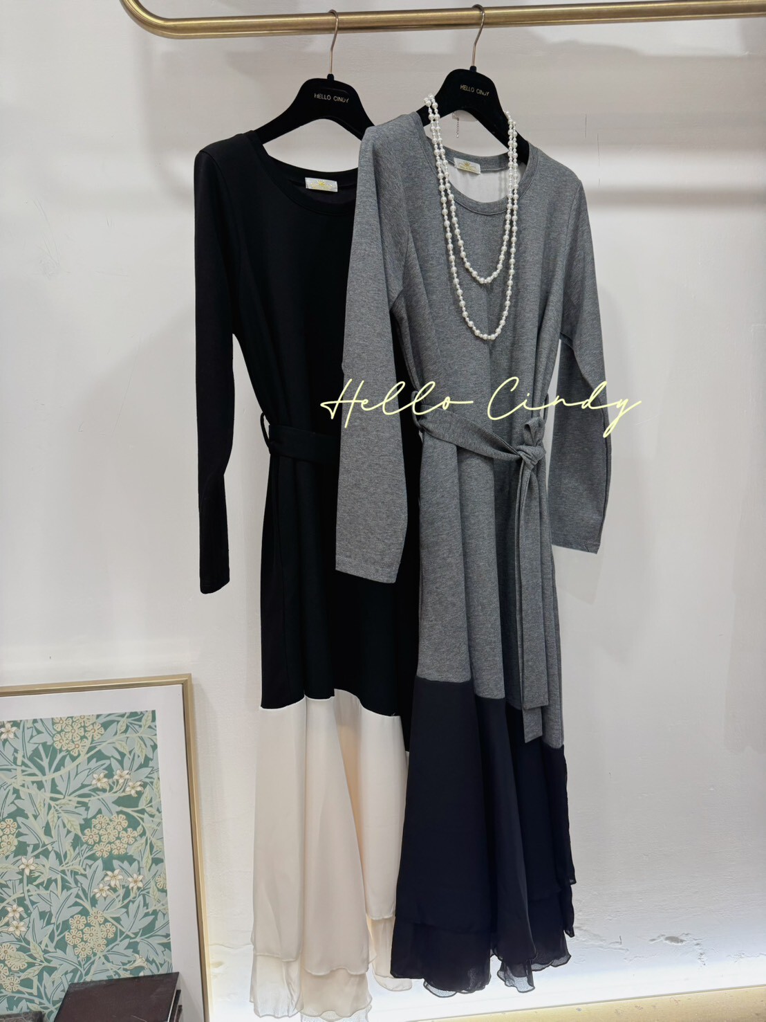 B11028 撞色下雪紡拼接綁帶優雅長洋裝