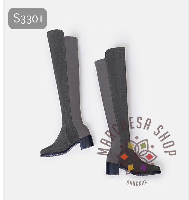 S3301- 純色彈力牛皮圓頭過膝長靴 (兩種鞋踭高度)