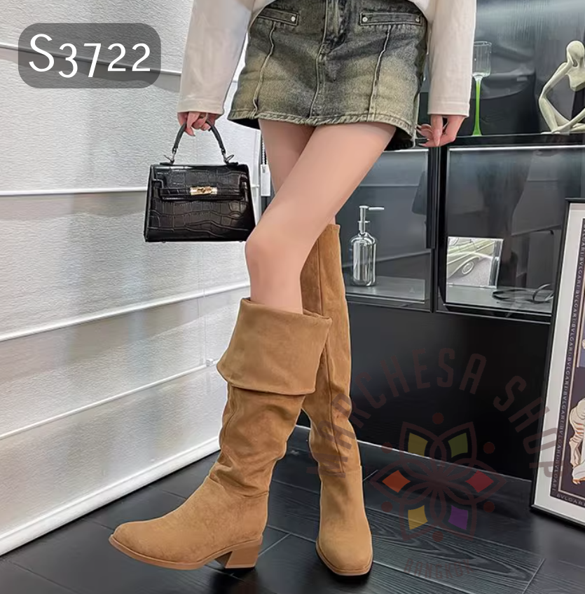 S3722 - 頭層羊猄兩穿過膝摺筒長靴