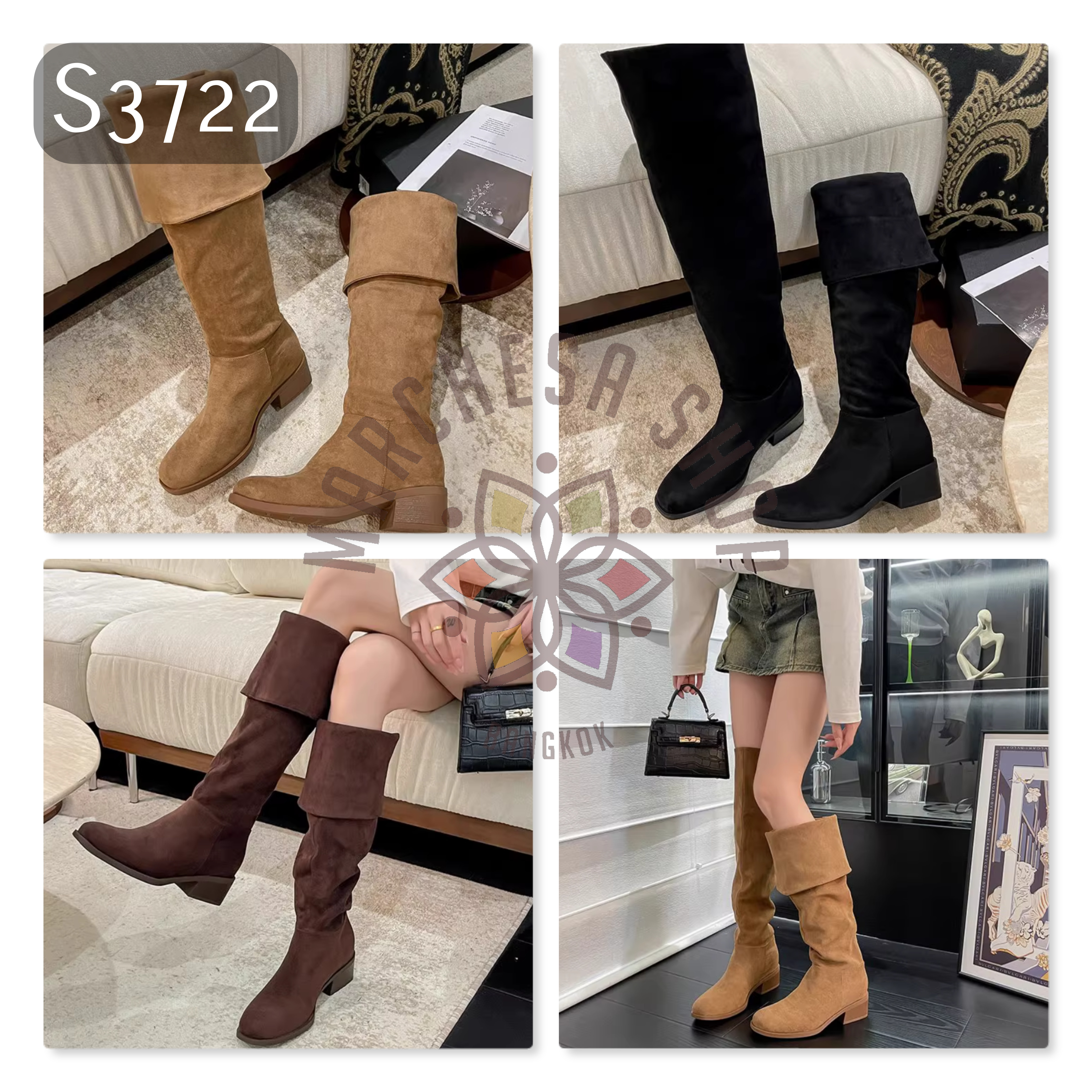 S3722 - 頭層羊猄兩穿過膝摺筒長靴