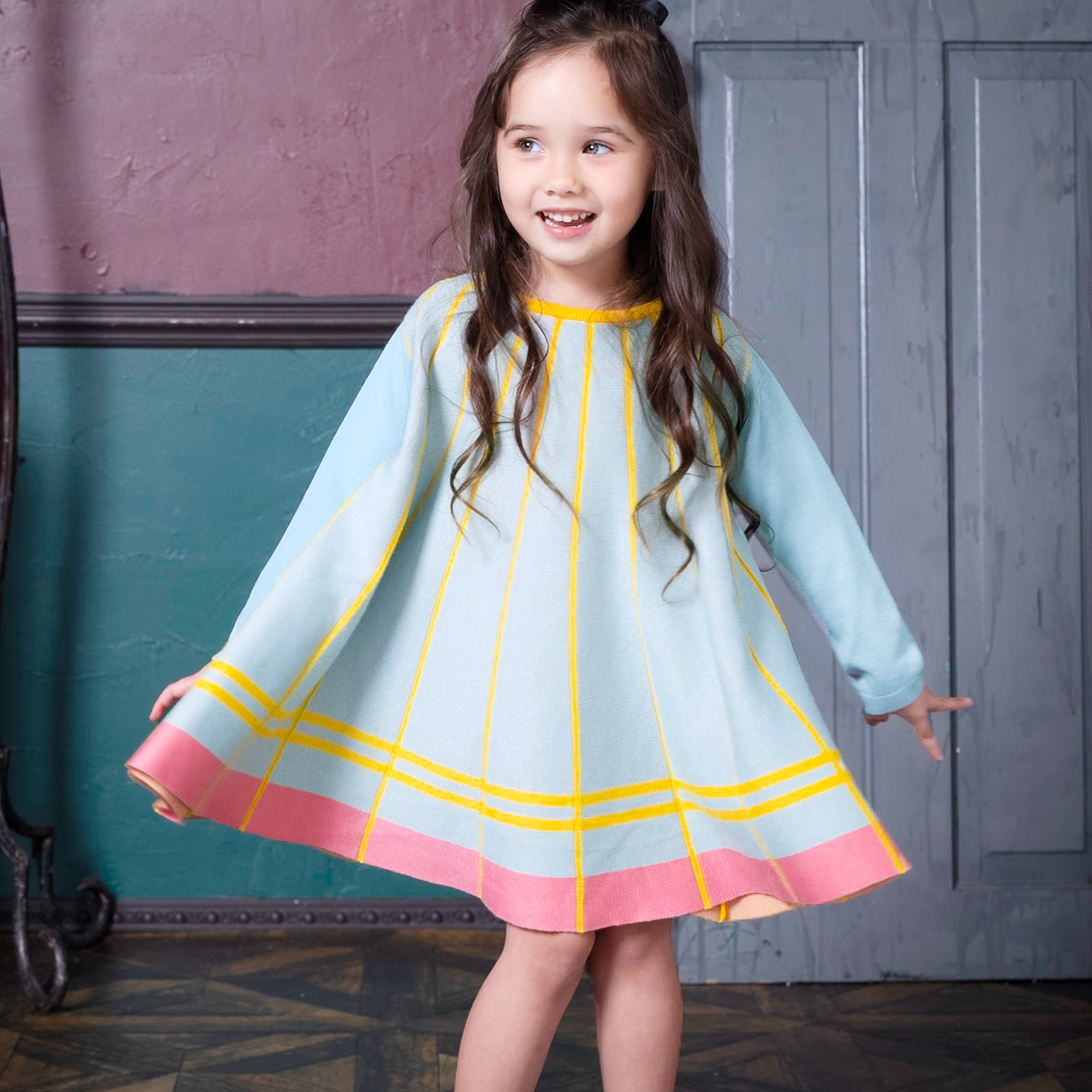 〖 Ami Amie 〗水藍黃條紋傘狀羊毛洋裝