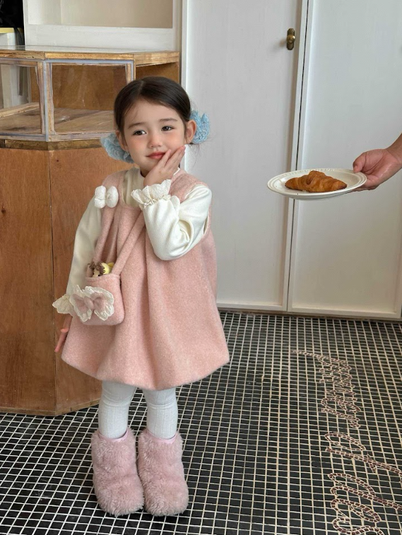 BYB10SE032PK 粉色甜美蝴蝶結泡泡裙打底上衣套裝連包包