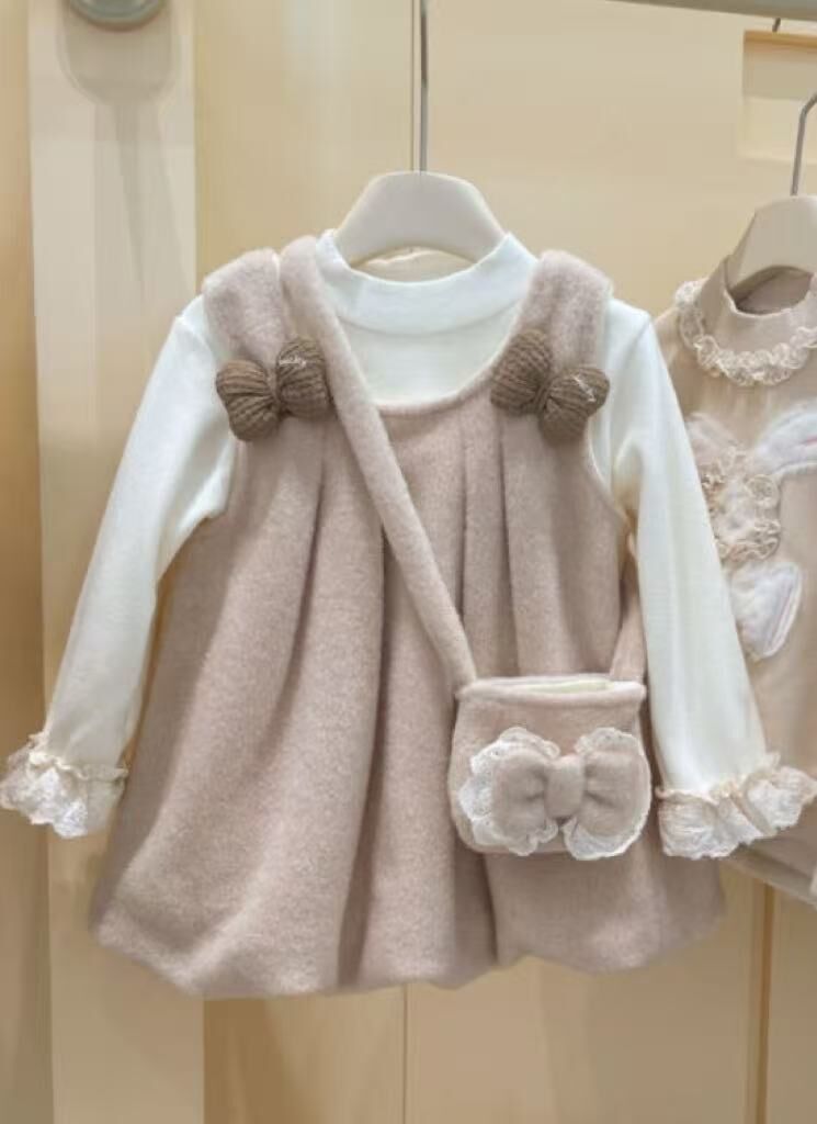 BYB10SE033BN  啡色甜美蝴蝶結泡泡裙打底上衣套裝連包包