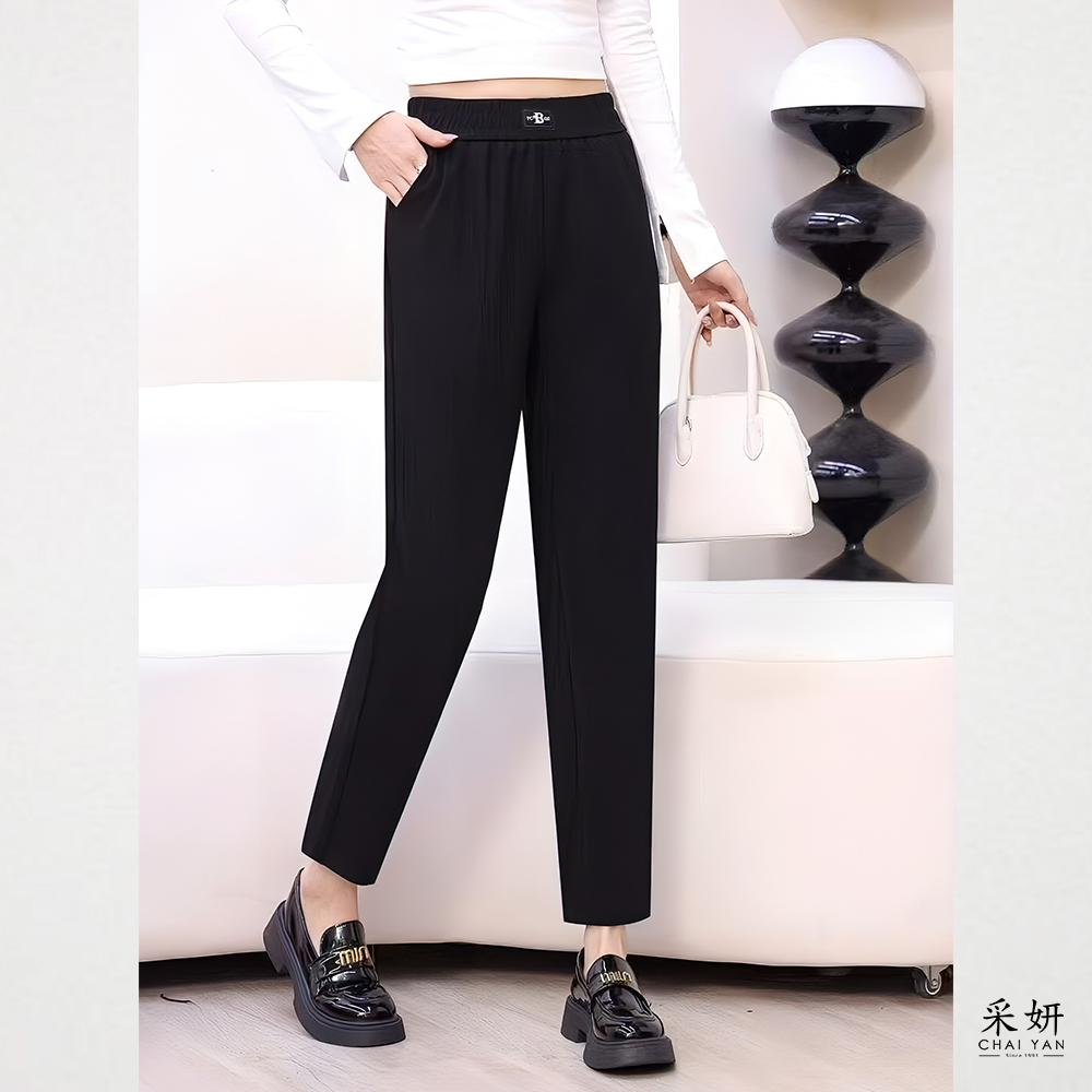 棉蕾絲刺繡布標鬆緊腰窄管長褲