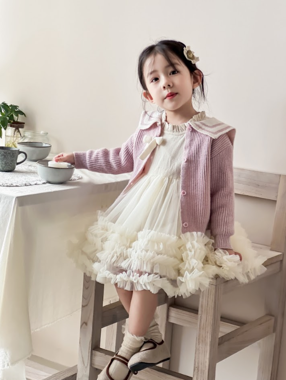 BYB11SE001PE 紫芋色可愛貓水手領針織外套連紗裙套裝