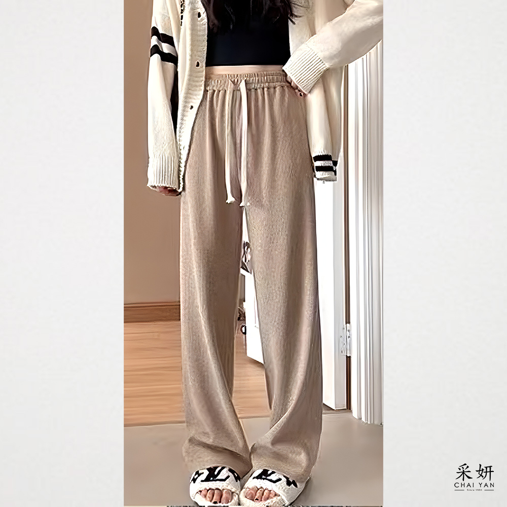 素色羅紋抽繩鬆緊腰直筒長褲