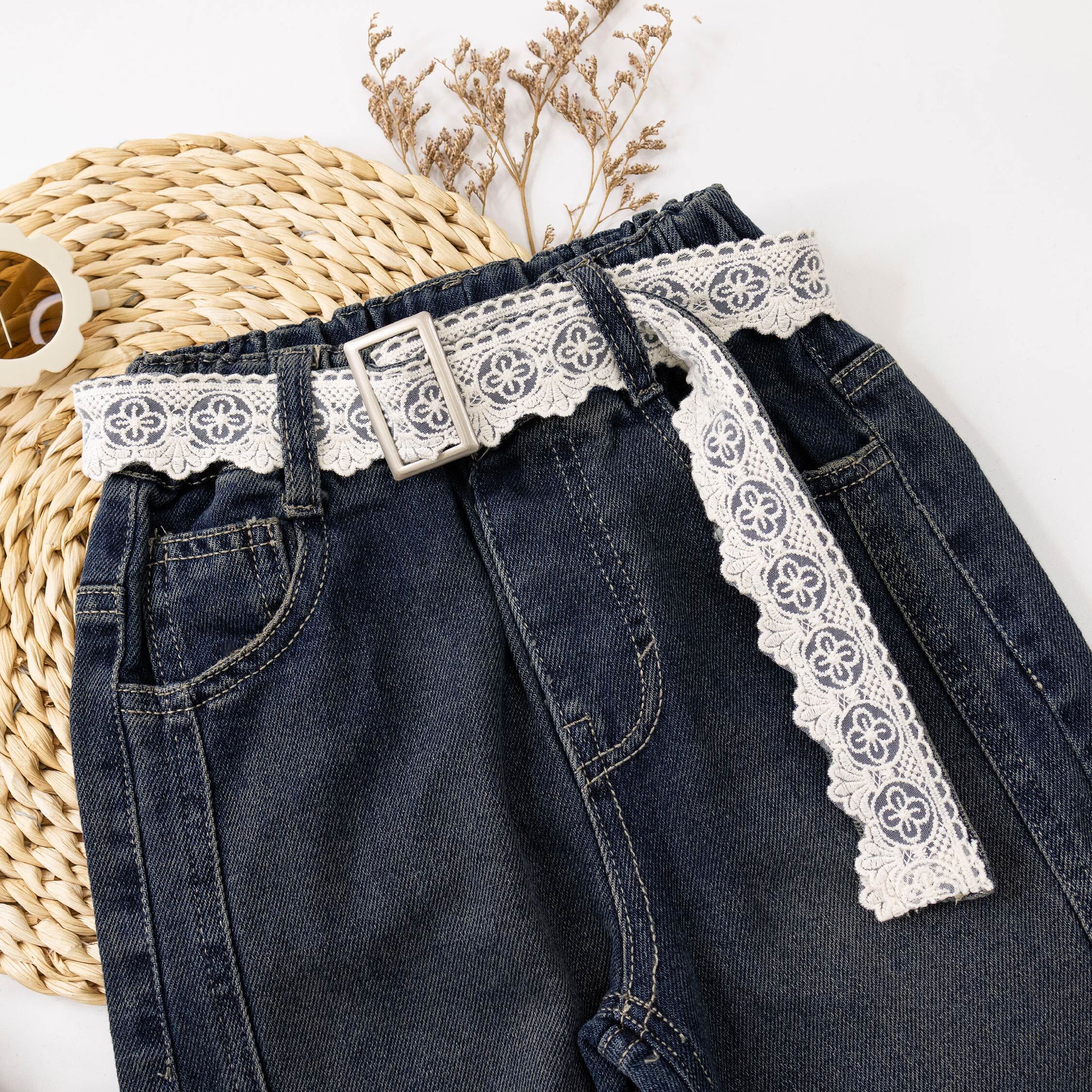 【H55540】蕾絲造型綁帶直筒牛仔褲