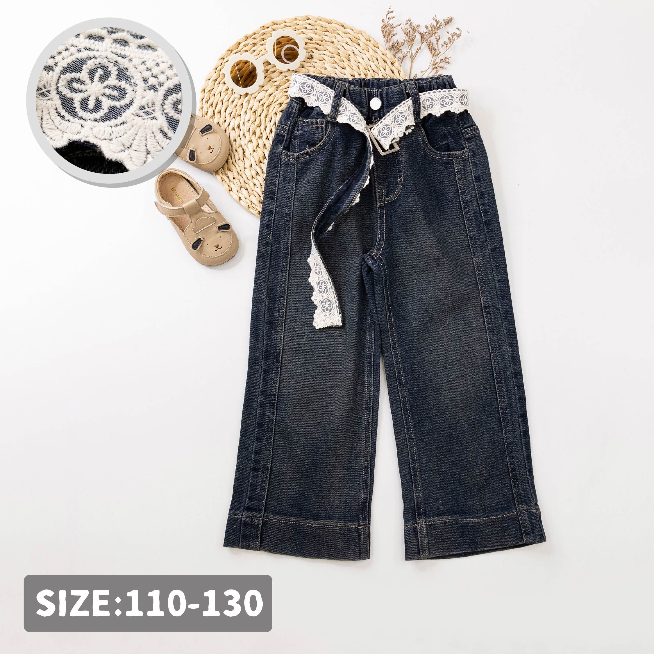 【H55540】蕾絲造型綁帶直筒牛仔褲