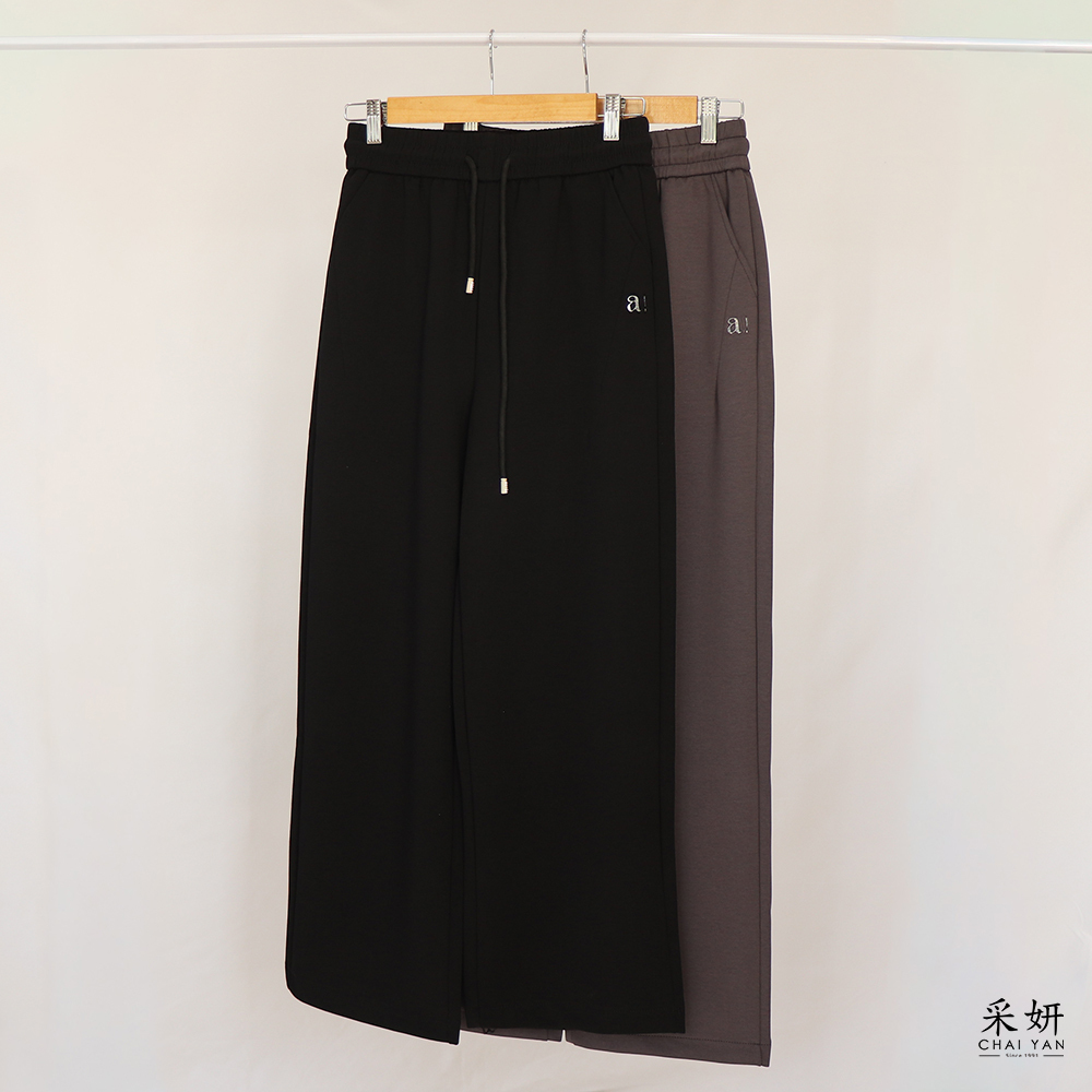 字母立體印花水鑽抽繩鬆緊腰直筒長褲