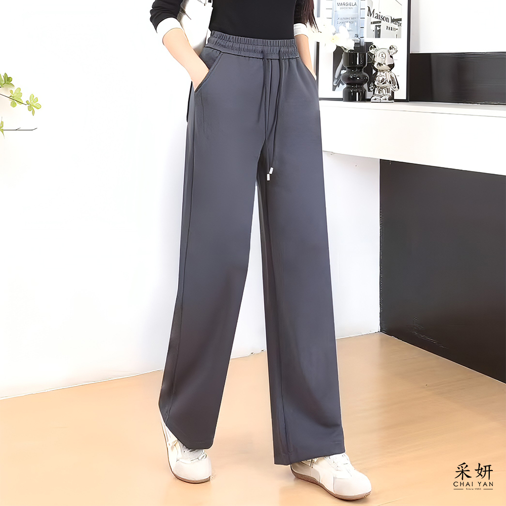 字母立體印花水鑽抽繩鬆緊腰直筒長褲