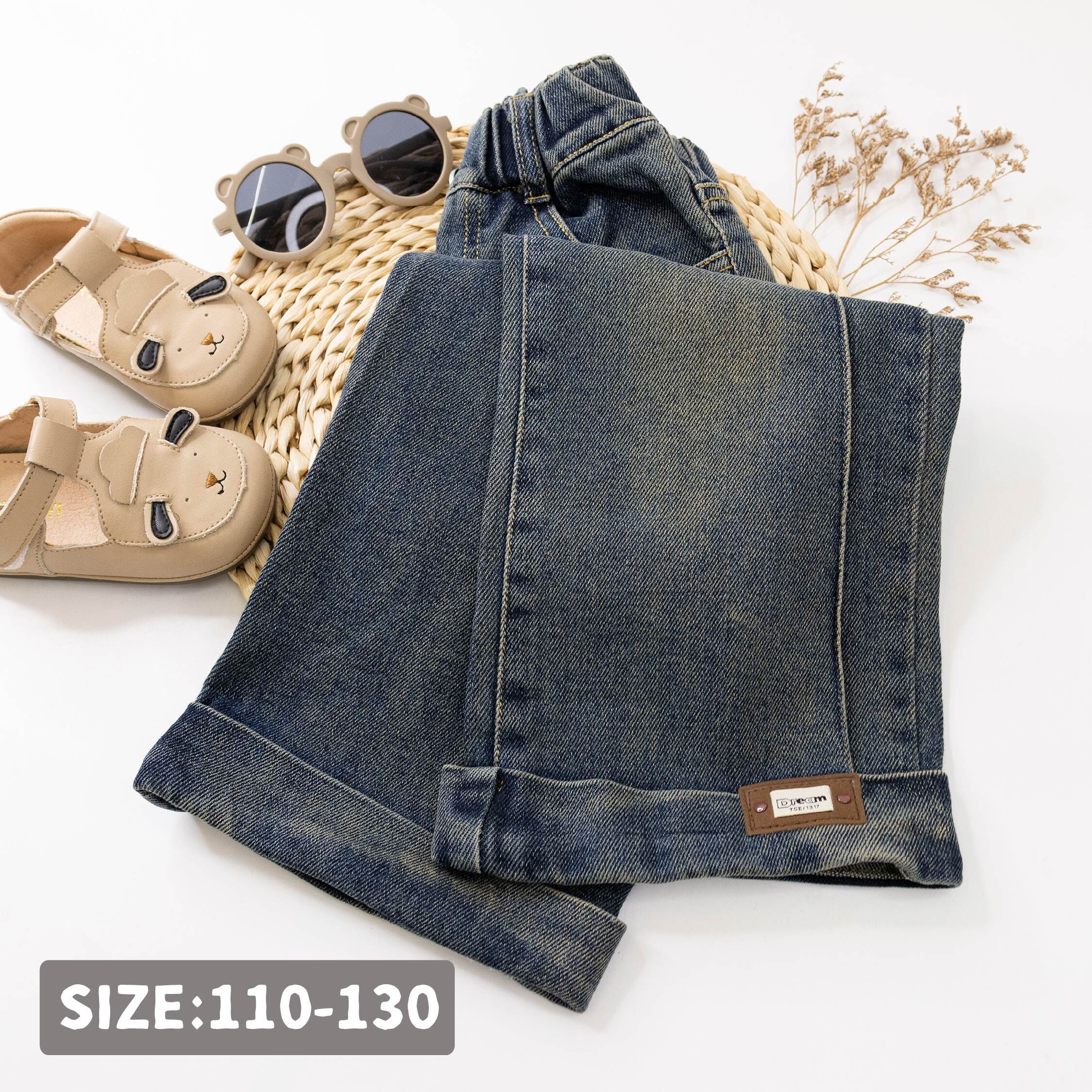 【H55541】可愛小布標反褶設計牛仔褲