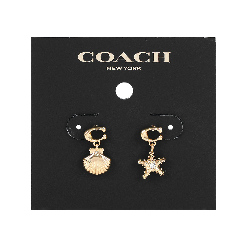 【COACH】貝殼與水鑽海星造型針式耳環(金色)
