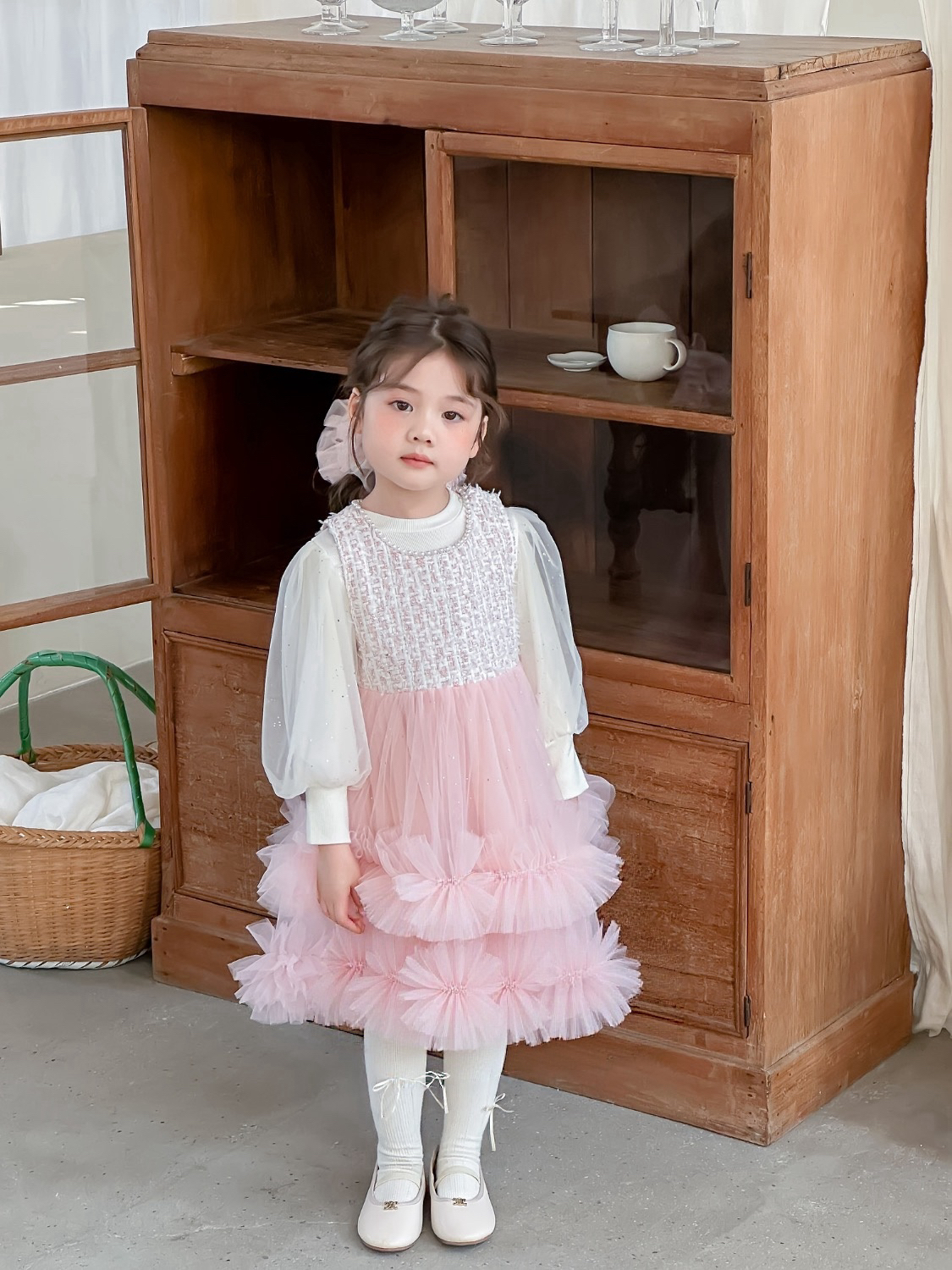 BYB11SE003PK 珍珠粉名媛珍珠蓬蓬紗裙連閃閃打底套裝