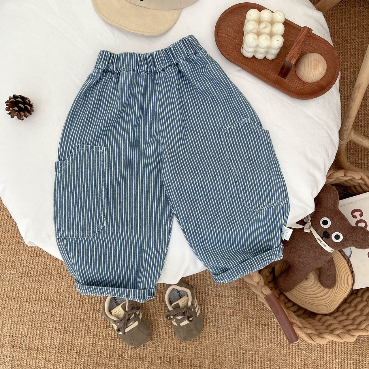 條紋牛仔直筒褲