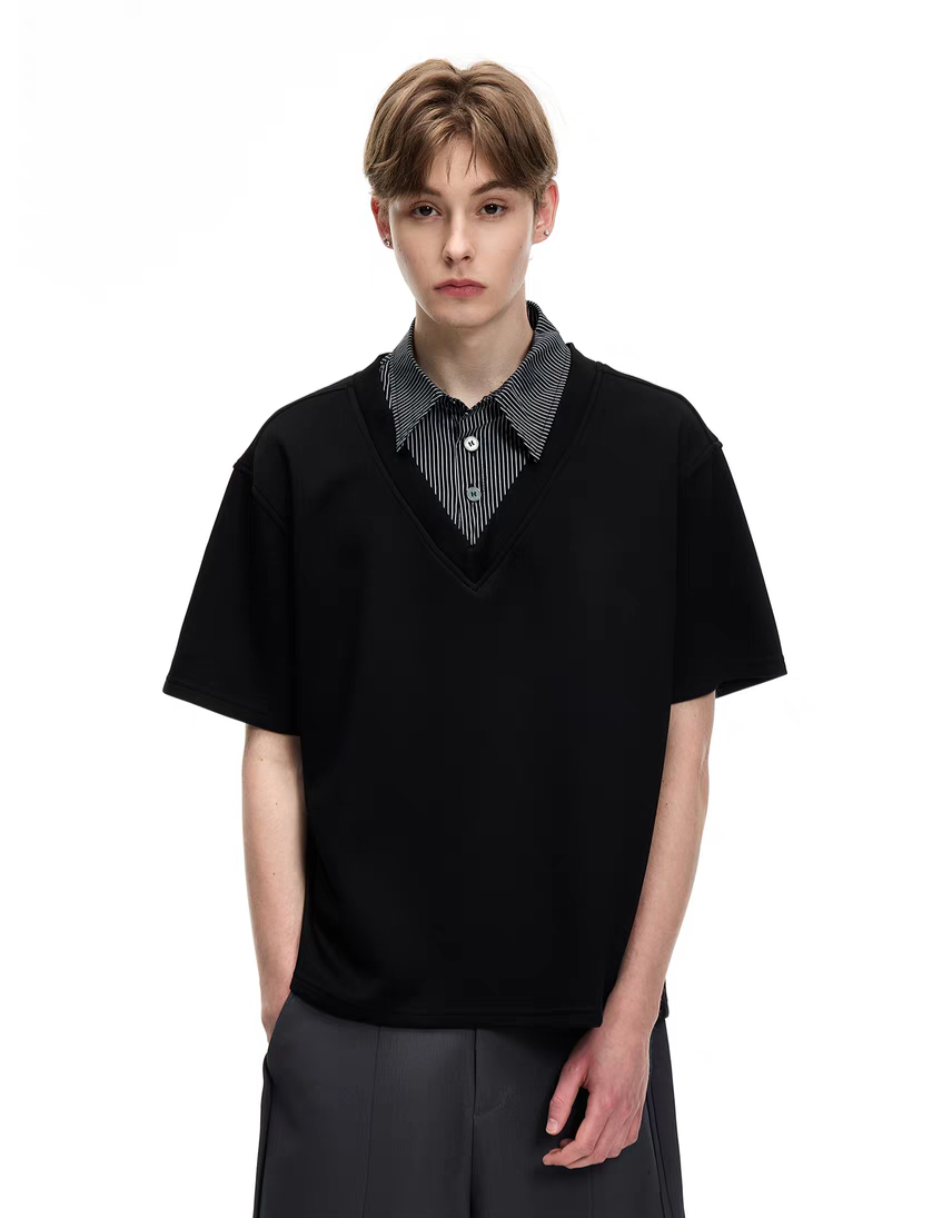 086. V-neck Sweater with Shirt Collar Insert