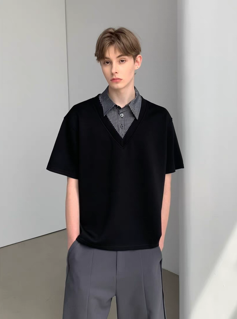 086. V-neck Sweater with Shirt Collar Insert