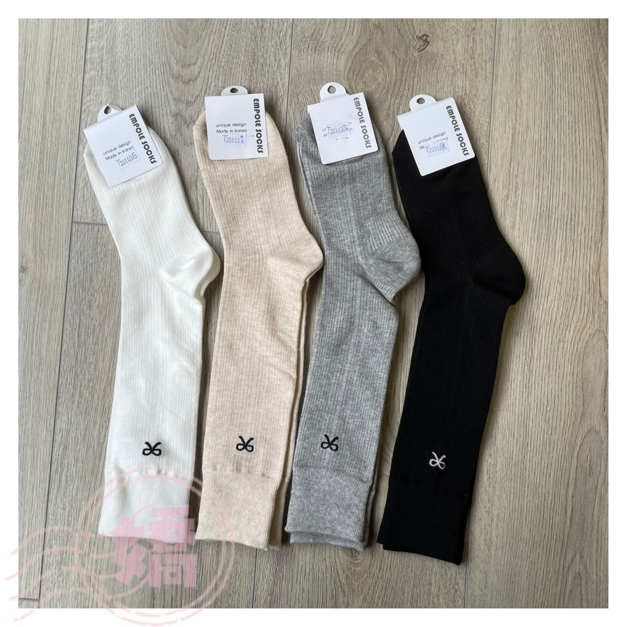 T20103細坑條蝴蝶結長襪(白'杏'灰'黑)