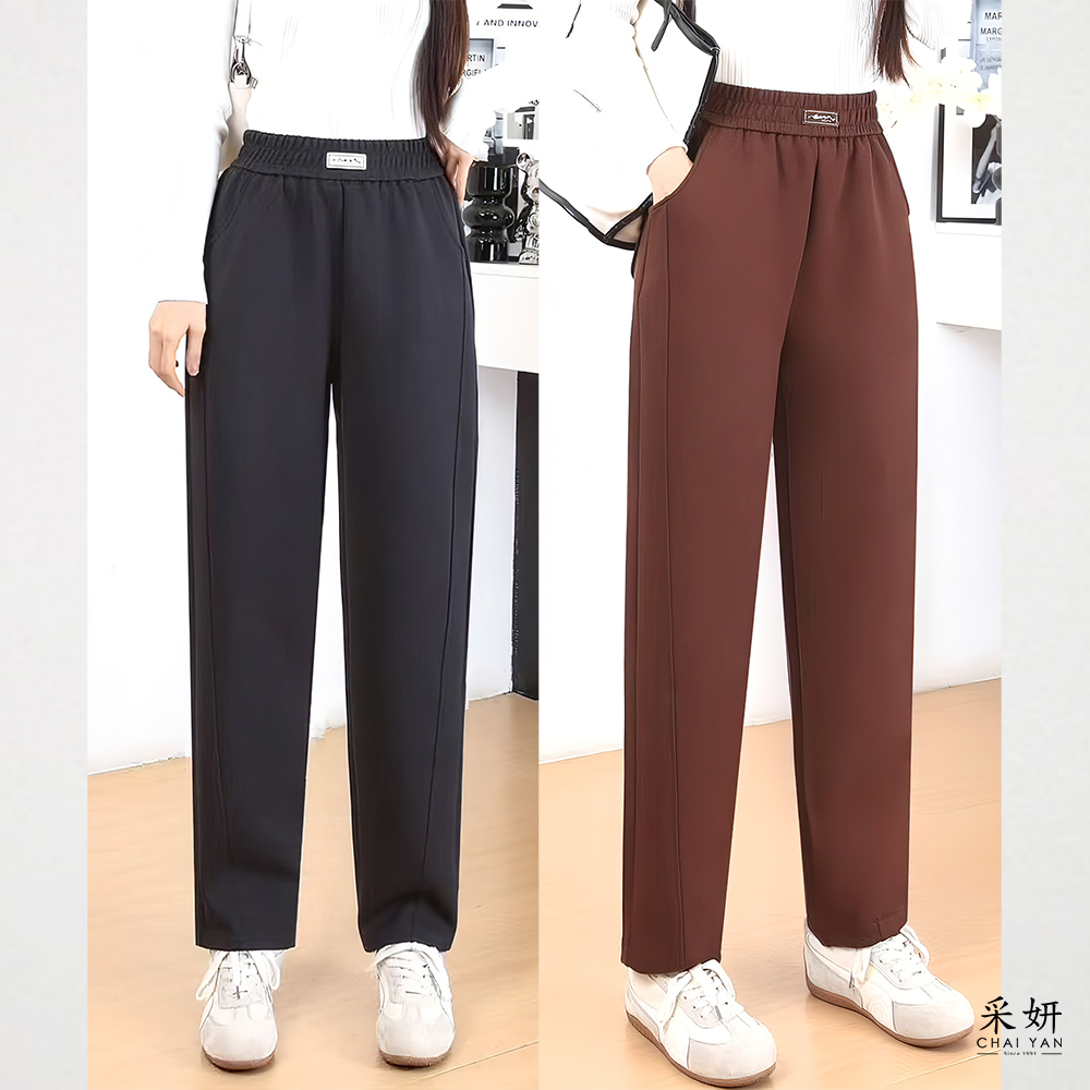 空氣棉水鑽布標鬆緊腰窄管長褲