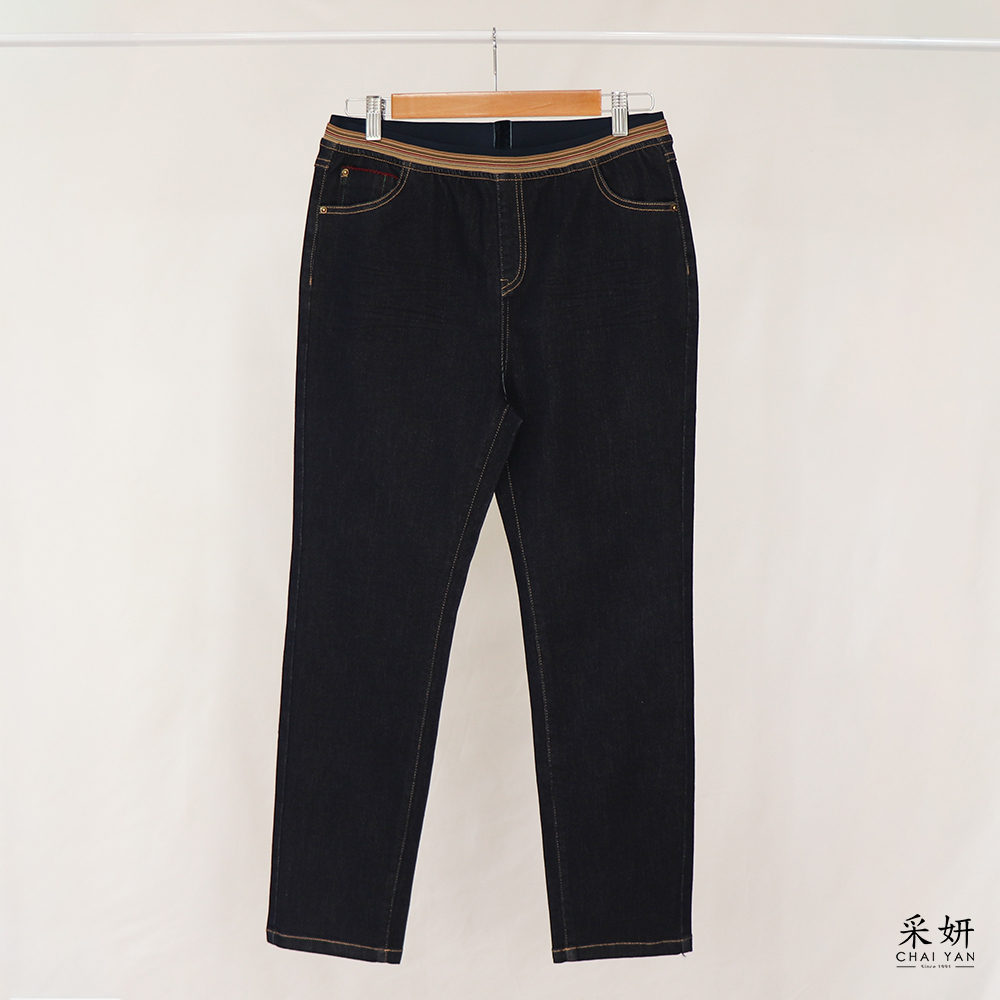 口袋波浪刺繡鬆緊腰窄管牛仔長褲