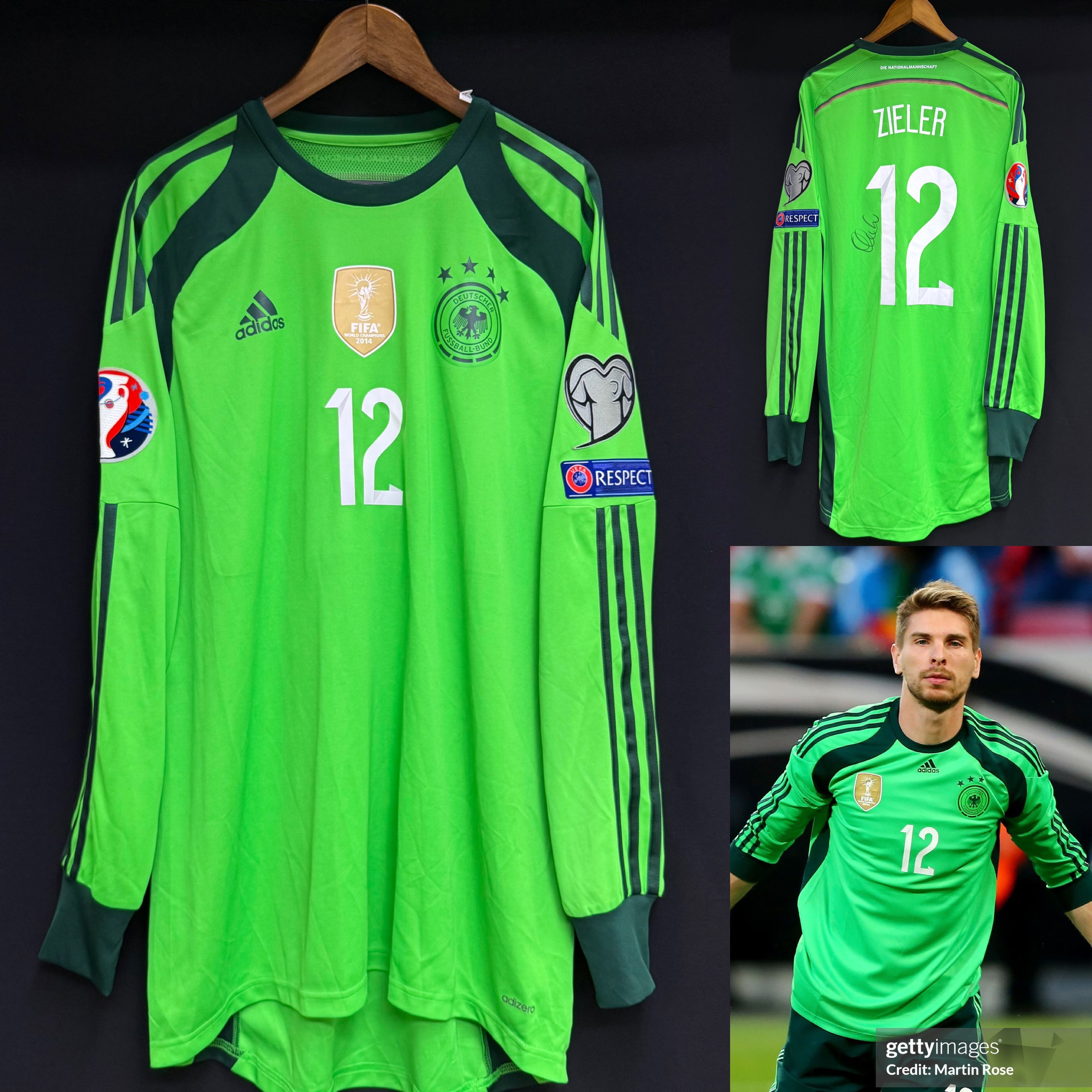 (Match Issue) Germany 2014-2016 Adidas Goalkeeper Match Issue Shirt #12 ZIELER