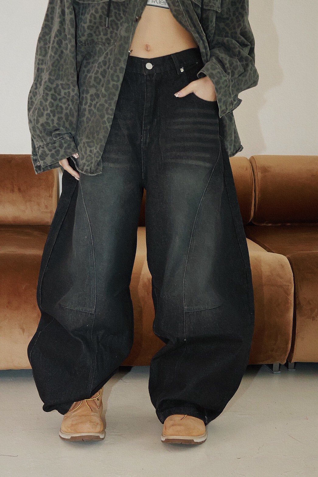 復古 刷色 弧形線條 彎刀 #牛仔褲