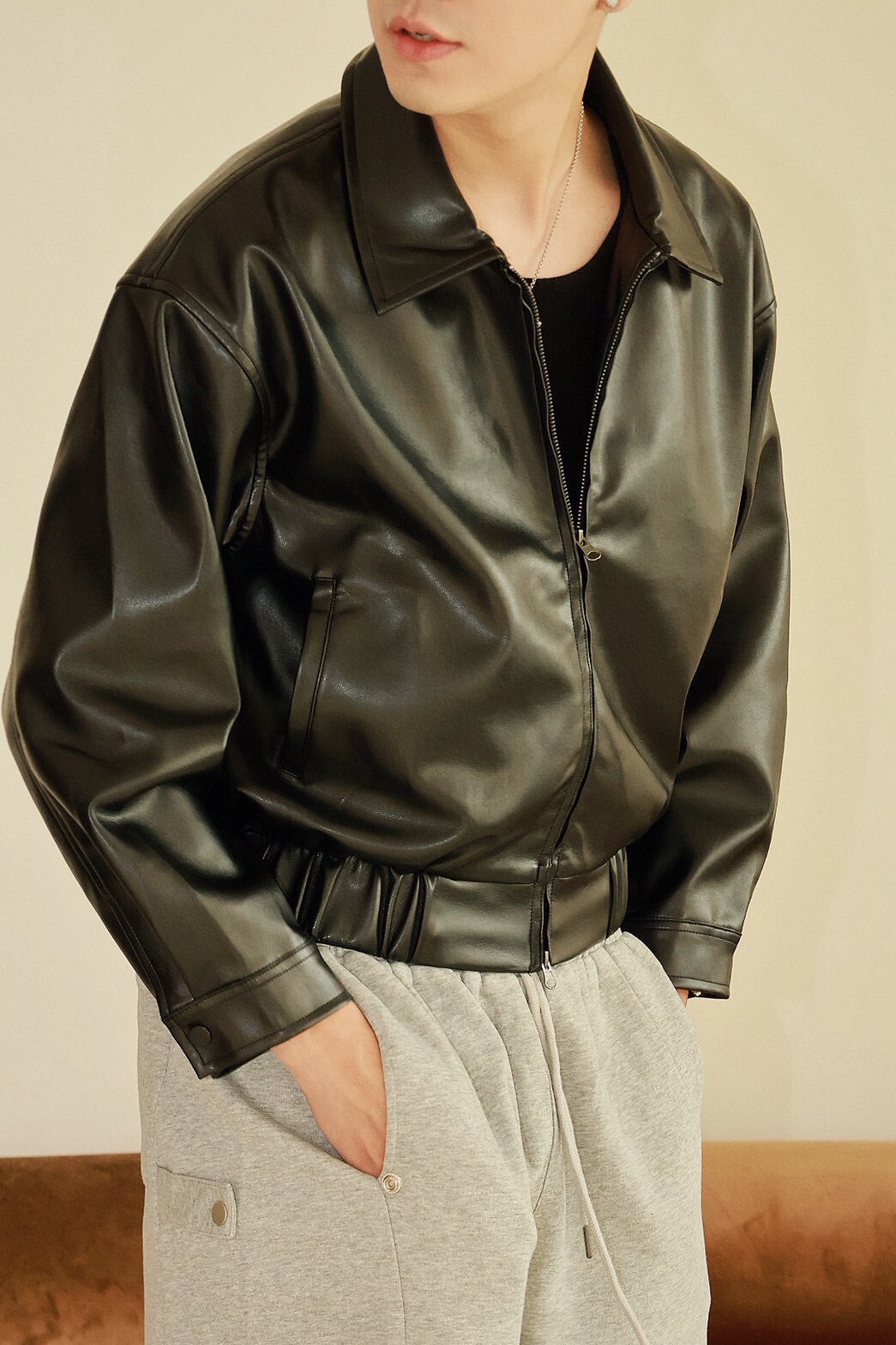 寬短 重磅 拉鍊式 皮革 #外套