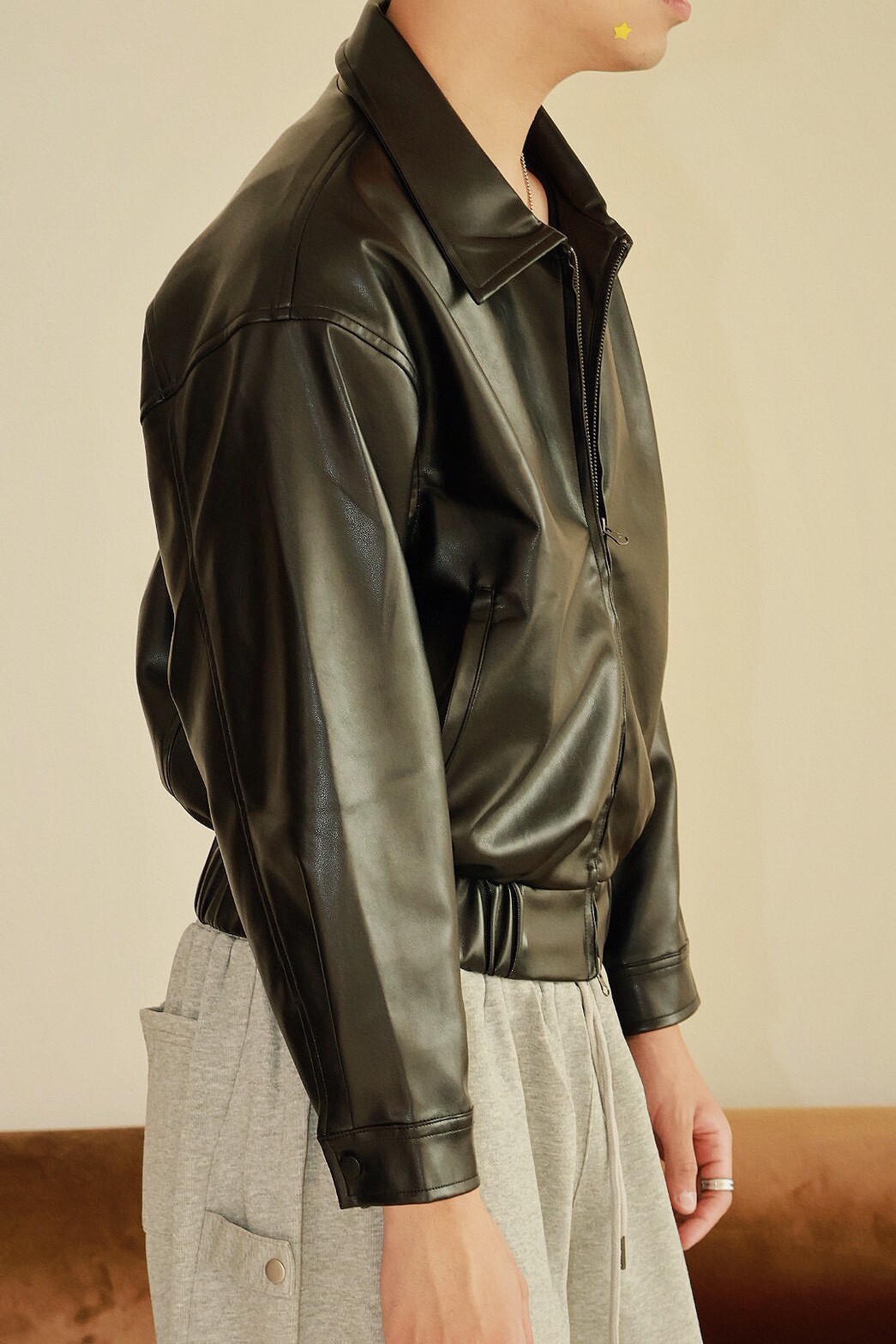 寬短 重磅 拉鍊式 皮革 #外套