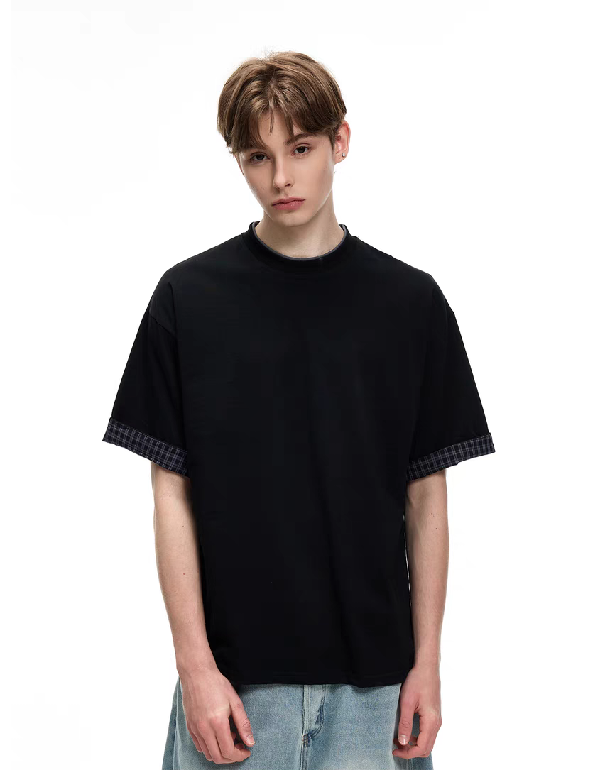 088. Oversized T-Shirt with Plaid Cuff Detail