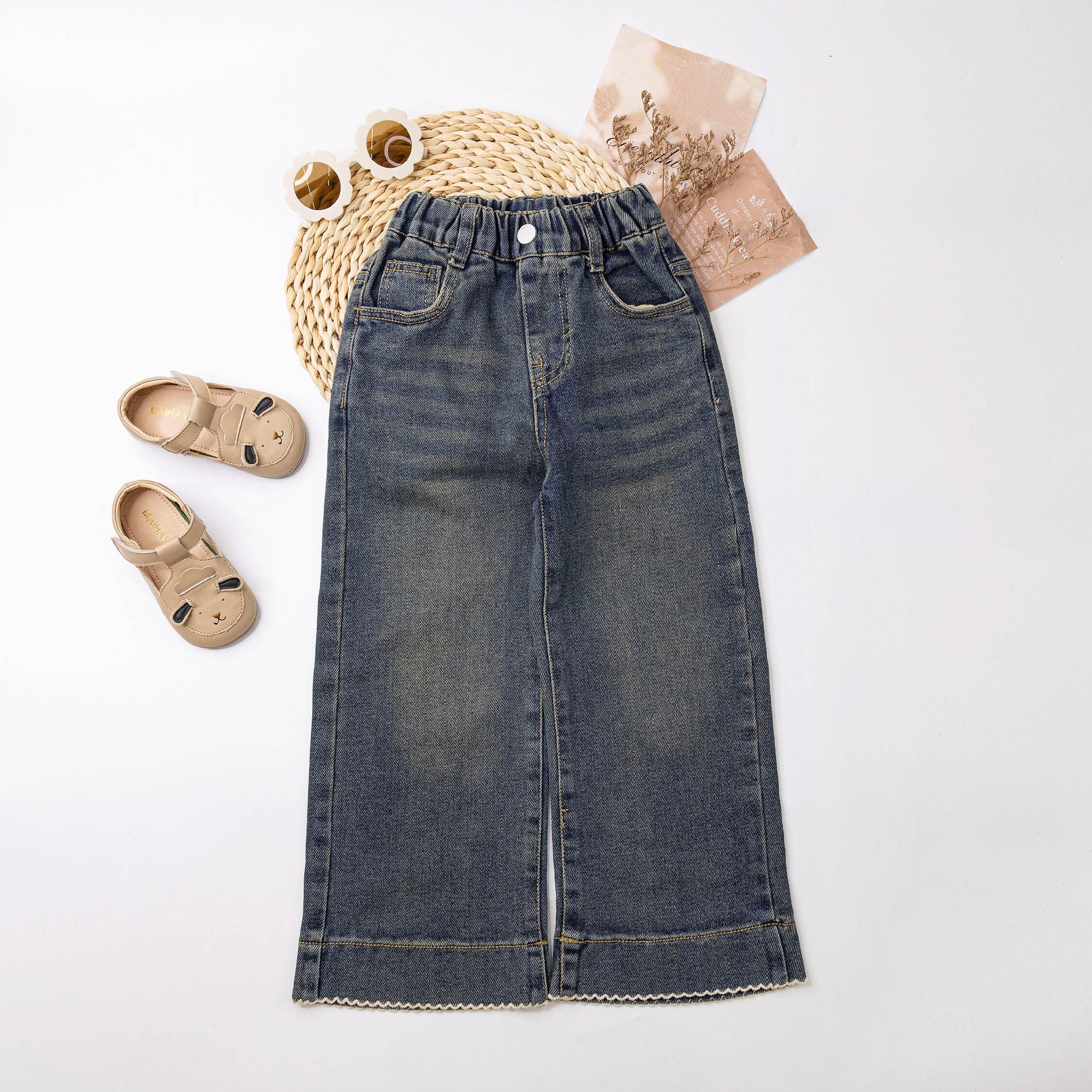 【H55533】氣質花邊仿舊刷色牛仔褲