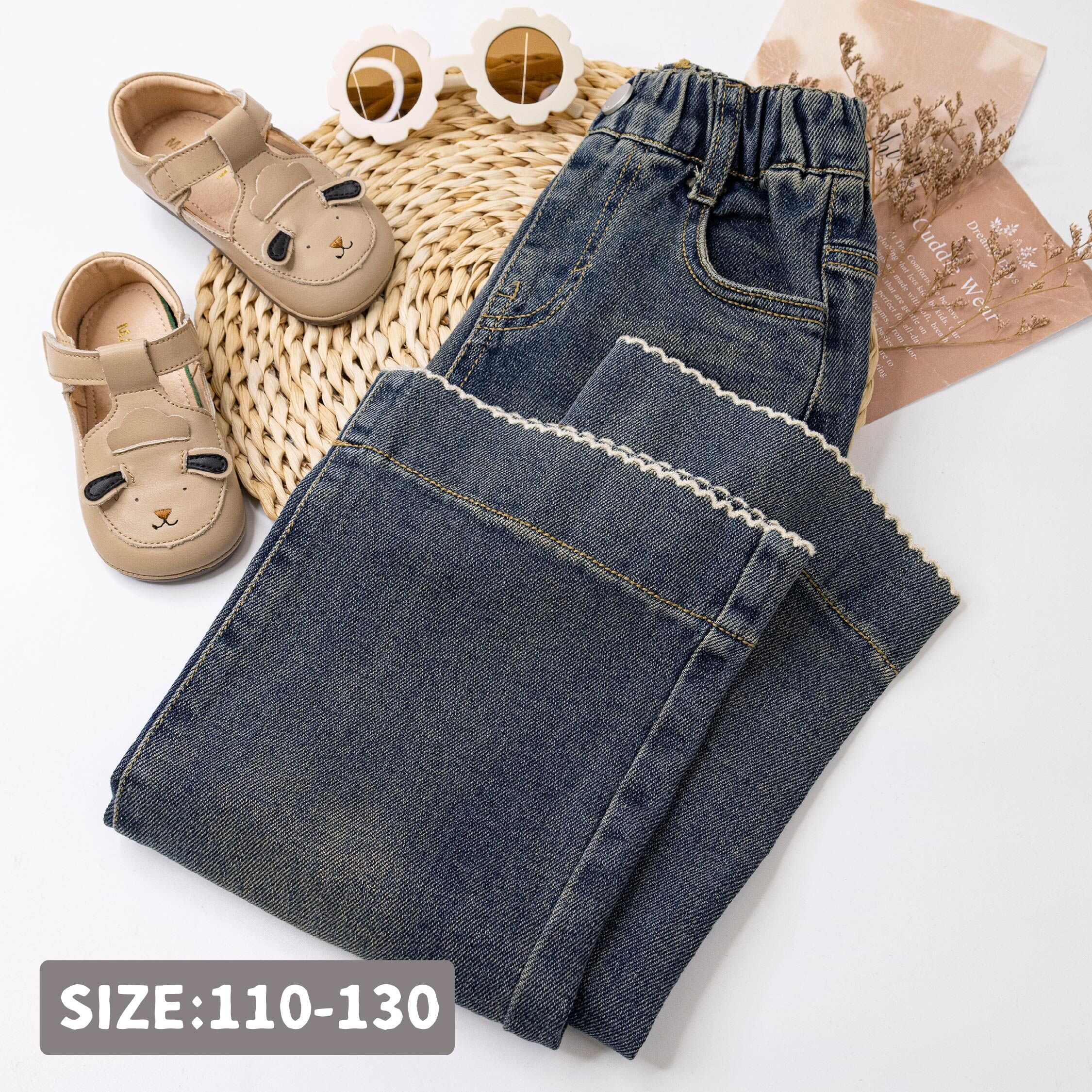 【H55533】氣質花邊仿舊刷色牛仔褲