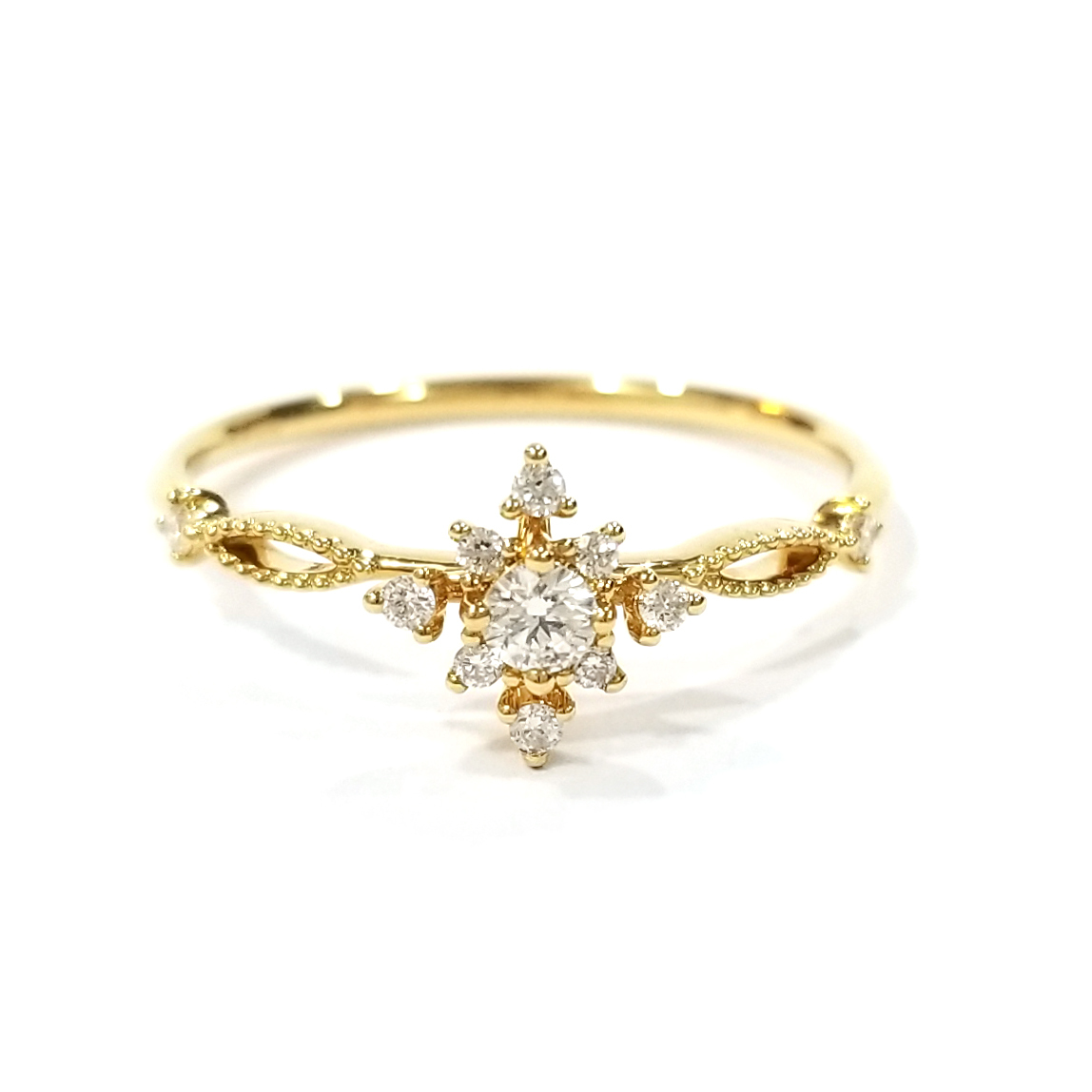 18K黃金天然鑽石珠邊戒指